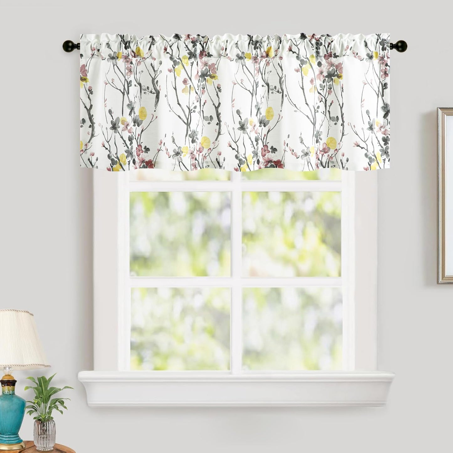 Leeva Farmhouse Kitchen Valances for Windows, Watercolor Blossoming Floral Print Curtains, Soft Faux Linen Curtain Toppers and Valances for Bedroom, 60 x 14 Inch, Brown & Grey, 1 Panel BST220