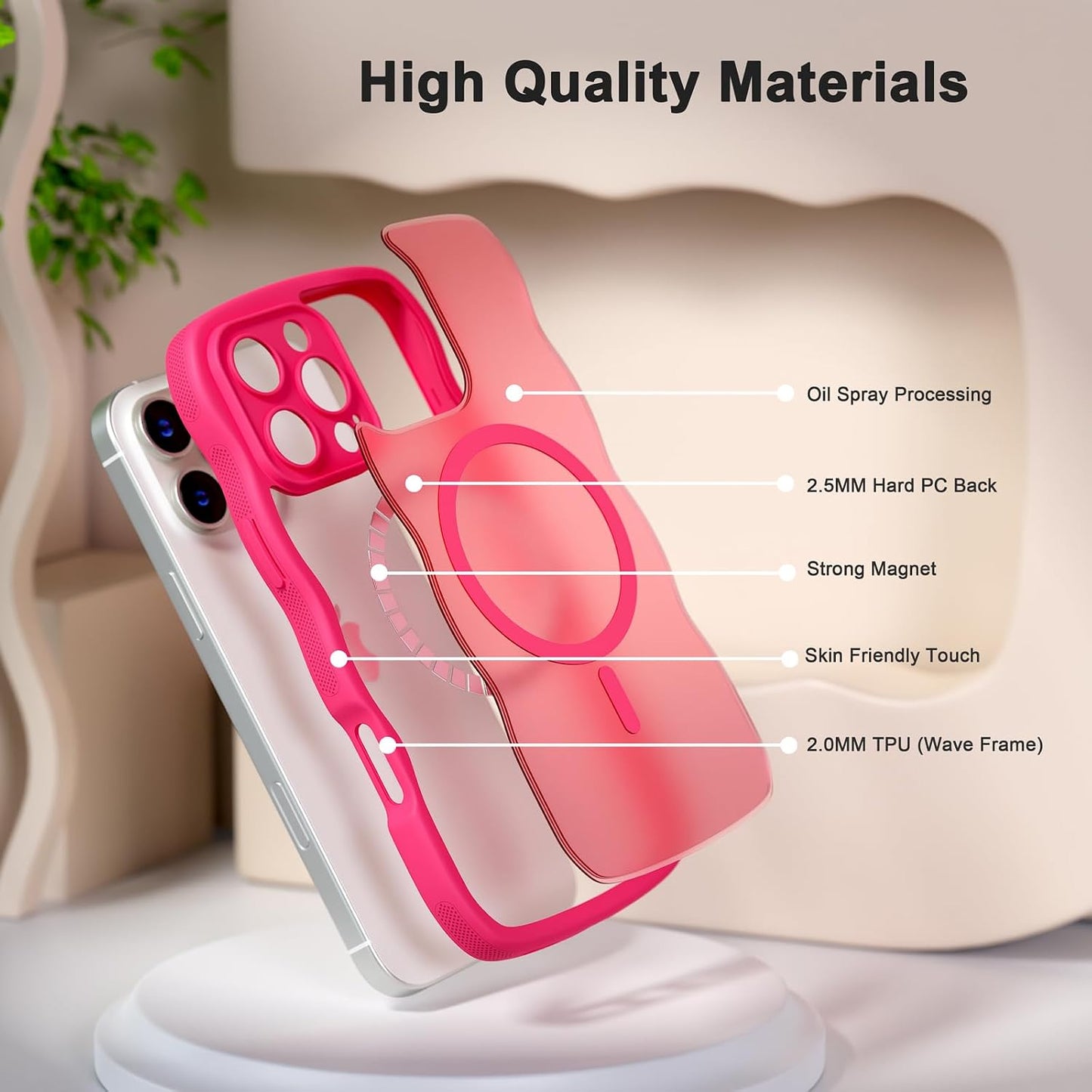 QVLANG Case for iPhone 16 Pro Max, Cute Wave Cover Case, Upgraded[Full Camera Protection][Compatible with Magsafe][Military Grade Protection][Translucent Matte] Phone Case for Women Girls, Hot Pink WN420