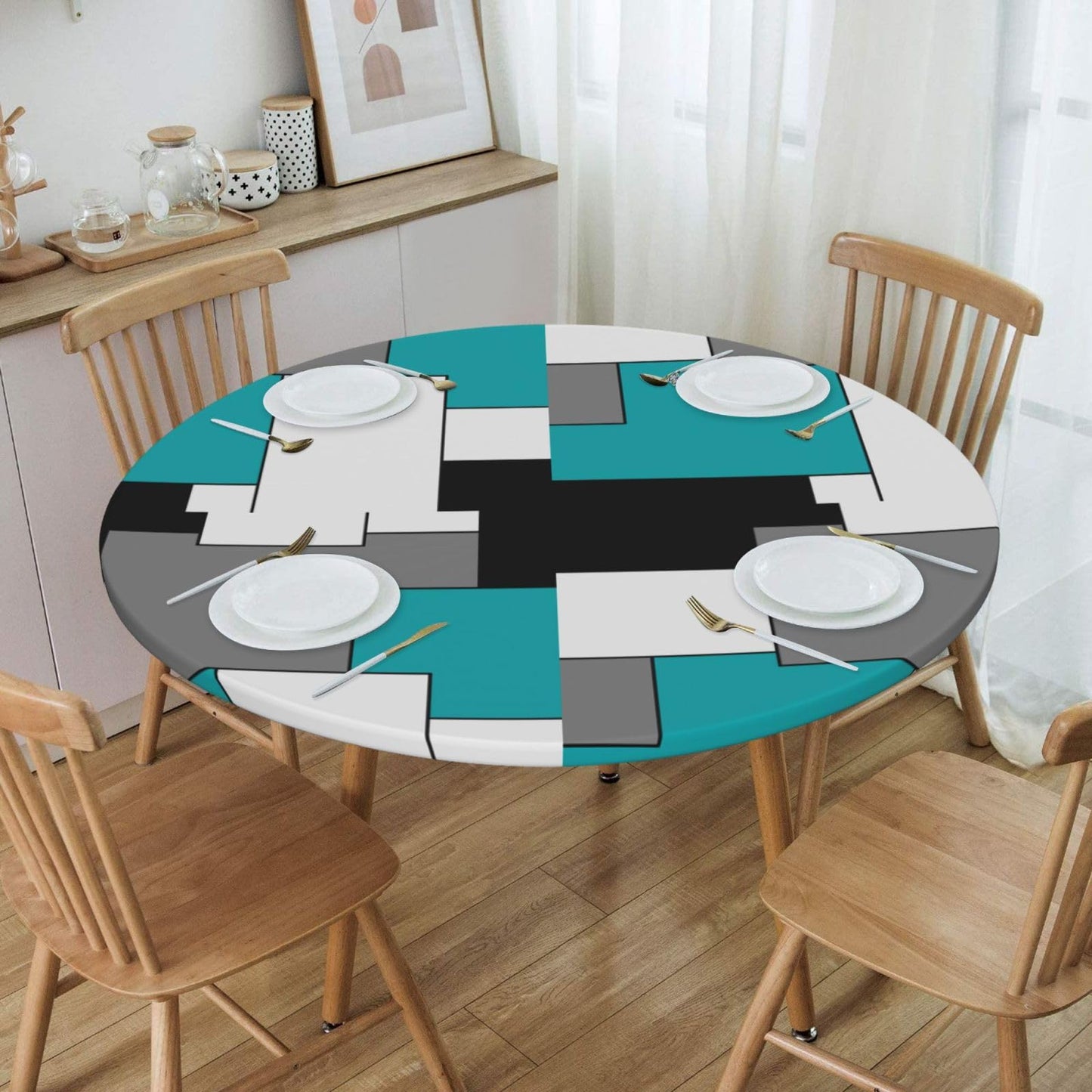 Blue Petal Mandala Pattern Tablecloth with Elastic Edge, Round Table Cover Washable Reusable Bohemian Table Cloths for Kitchen Dining Party, Medium (Fits 45-50 in) BST202