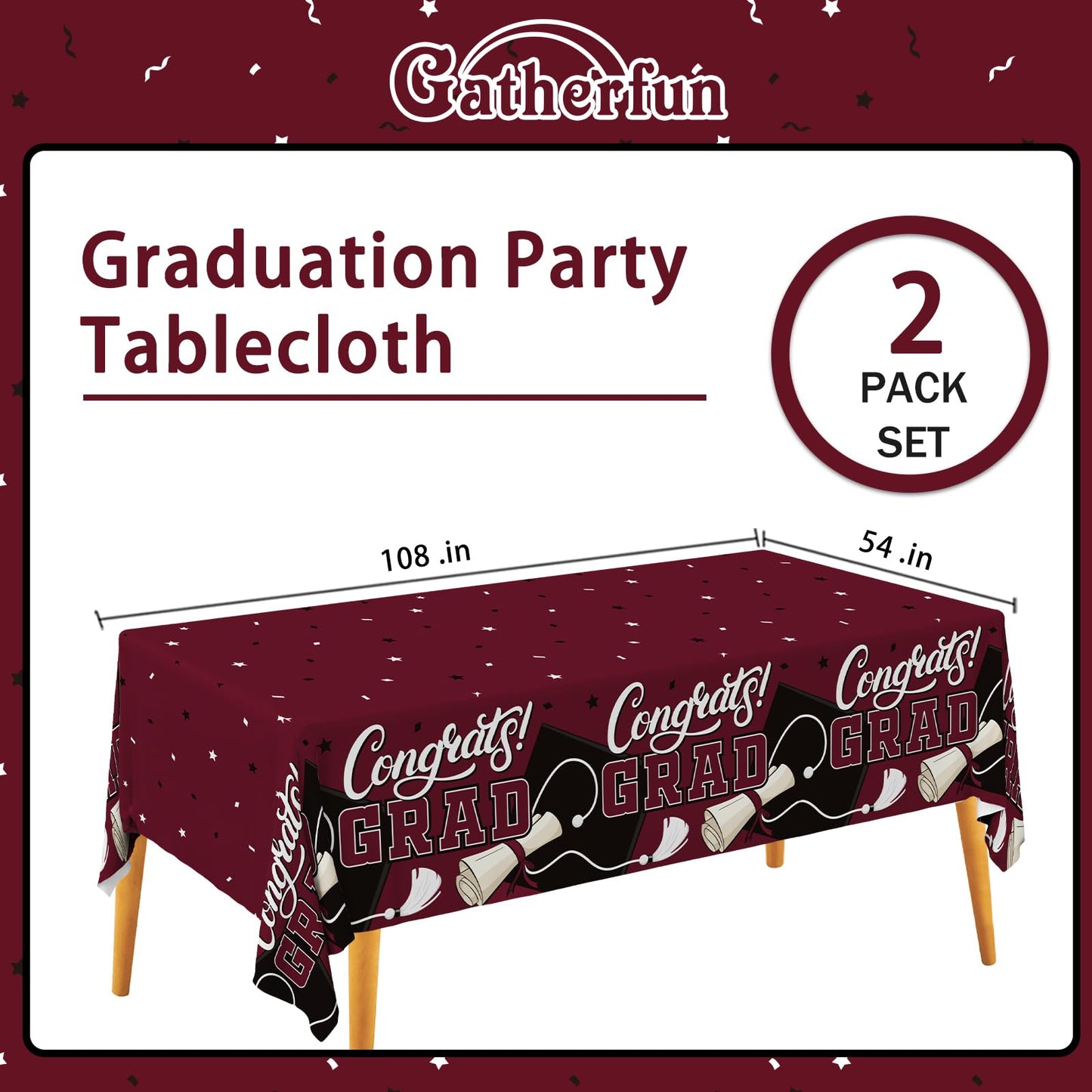 Gatherfun Graduation Decorations 2026 Kit - 2 Pcs Red Gongrats Grad Tablecover for Party Decorations，Graduation Plastic Table Covers 54"x108" BST326L