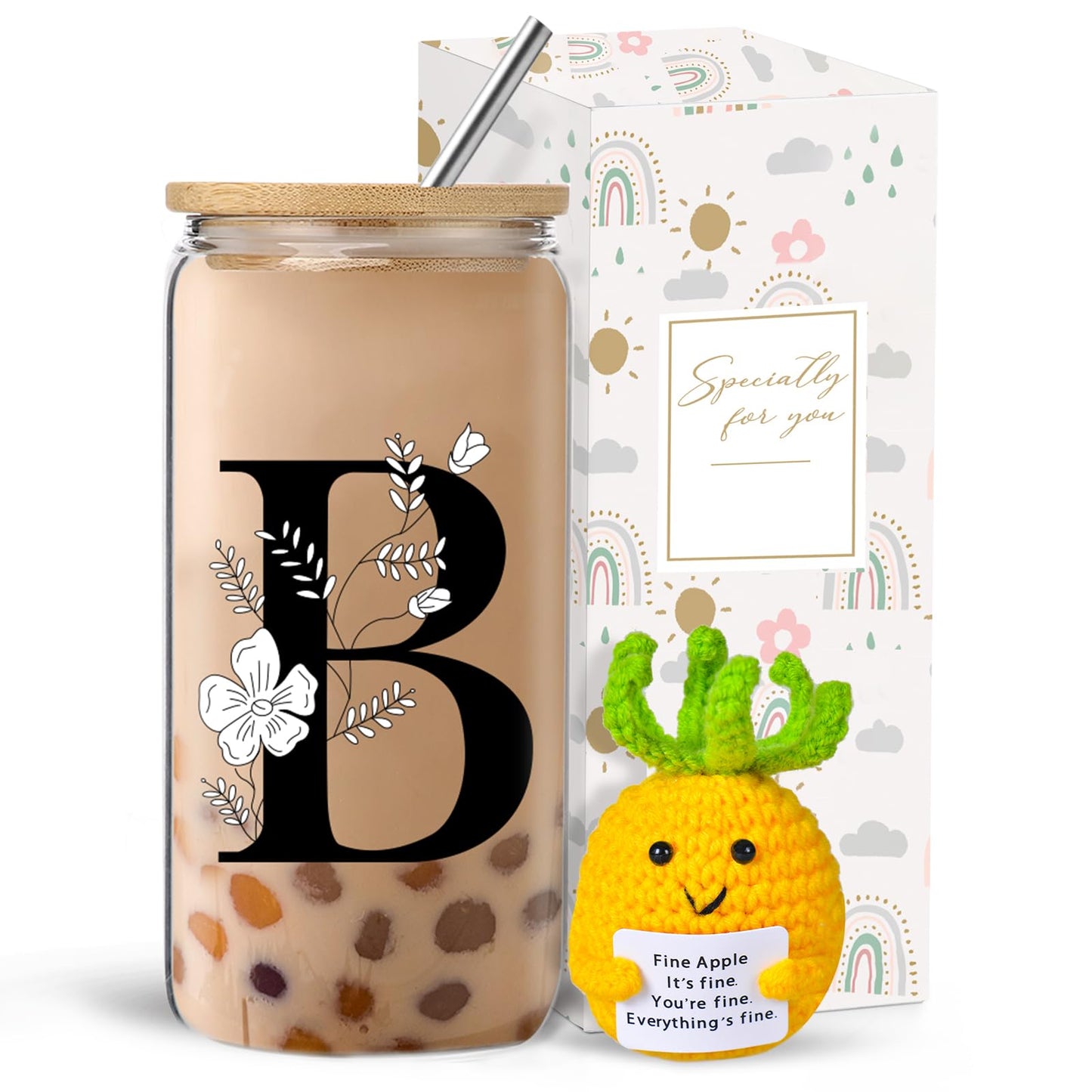 Monogrammed Initial Glass Cup with Lids and Straws gift for Women | Personalized Gift Set with Doll, 16 Oz Ice Coffee Cup ,reusable glass tumbler,Birthday Christmas Gift for Her,U WN420