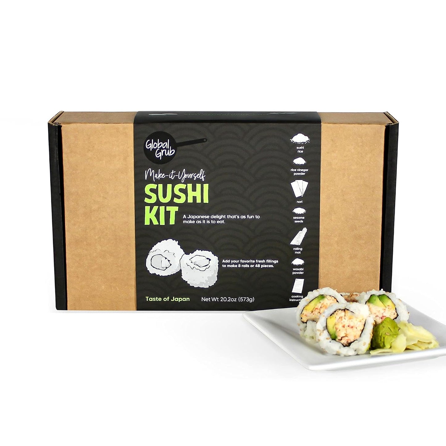 Global Grub DIY Sushi Making Kit - Sushi Kit With Ingredients - Sushi Rice, Nori Sushi Seaweed, Sushi Rice Seasoning, Sesame Seeds, Wasabi Powder - Bamboo Rolling Mat, Instructions, Makes 48 Pieces DD1210