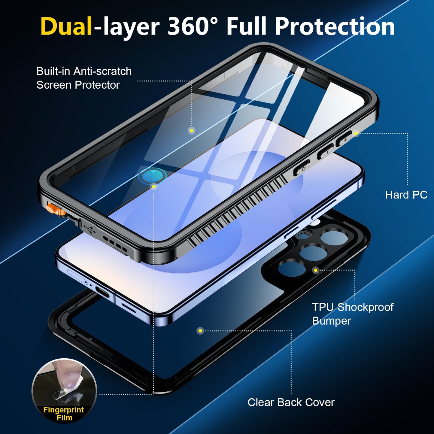 SPIDERCASE Designed for Samsung Galaxy S23 Case Waterproof,Built-in Screen & Camera Lens Protector[IP68 Underwater][Military Grade Shockproof] Full Body Protection Phone Case, Black/Clear WN420