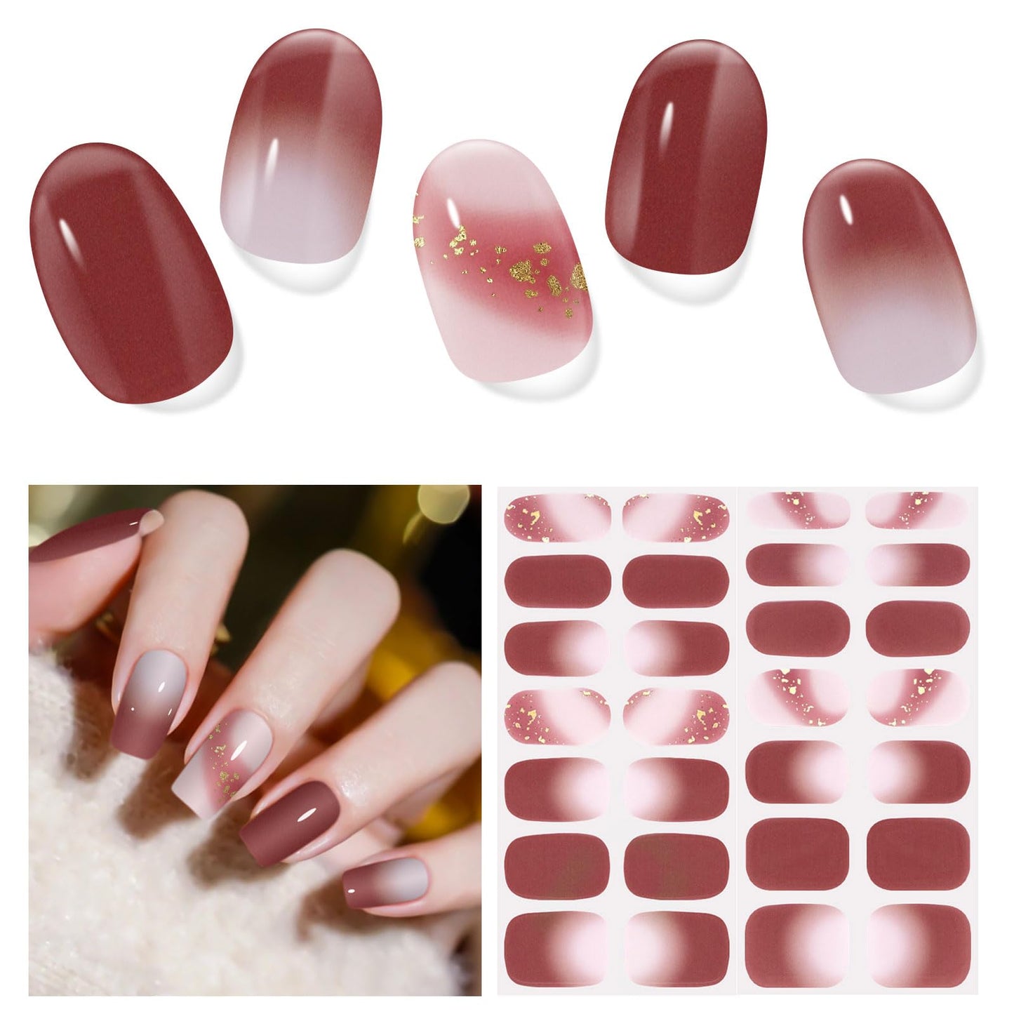 Semi Cured Gel Nail Strips, 56Pcs Nail Art Stickers/Wraps, Long Lasting UV Nail Polish Strips for Adults (Silver Rhinestones+French Tip Glitter) BST220