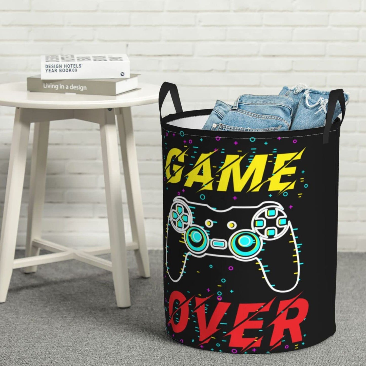 38L Round Laundry Hamper Video Game Controller Background Storage Basket Waterproof Coating Gaming Gadgets Organizer Bin For Nursery Clothes Toys BST202
