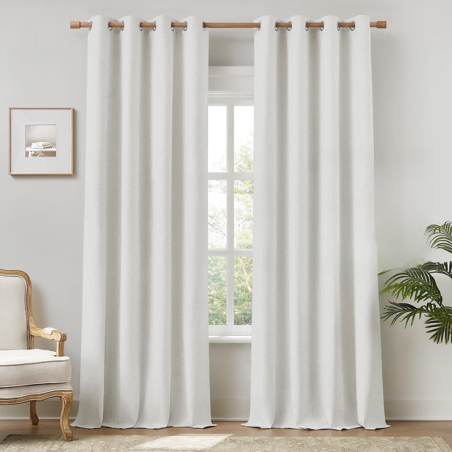 HOMEIDEAS 100% Ivory Cream Linen Blackout Curtains for Bedroom, 52 x 96 Inch Length 2 Panels Faux Linen Thermal Insulated Black Out Grommet Window Drapes for Living Room BST202