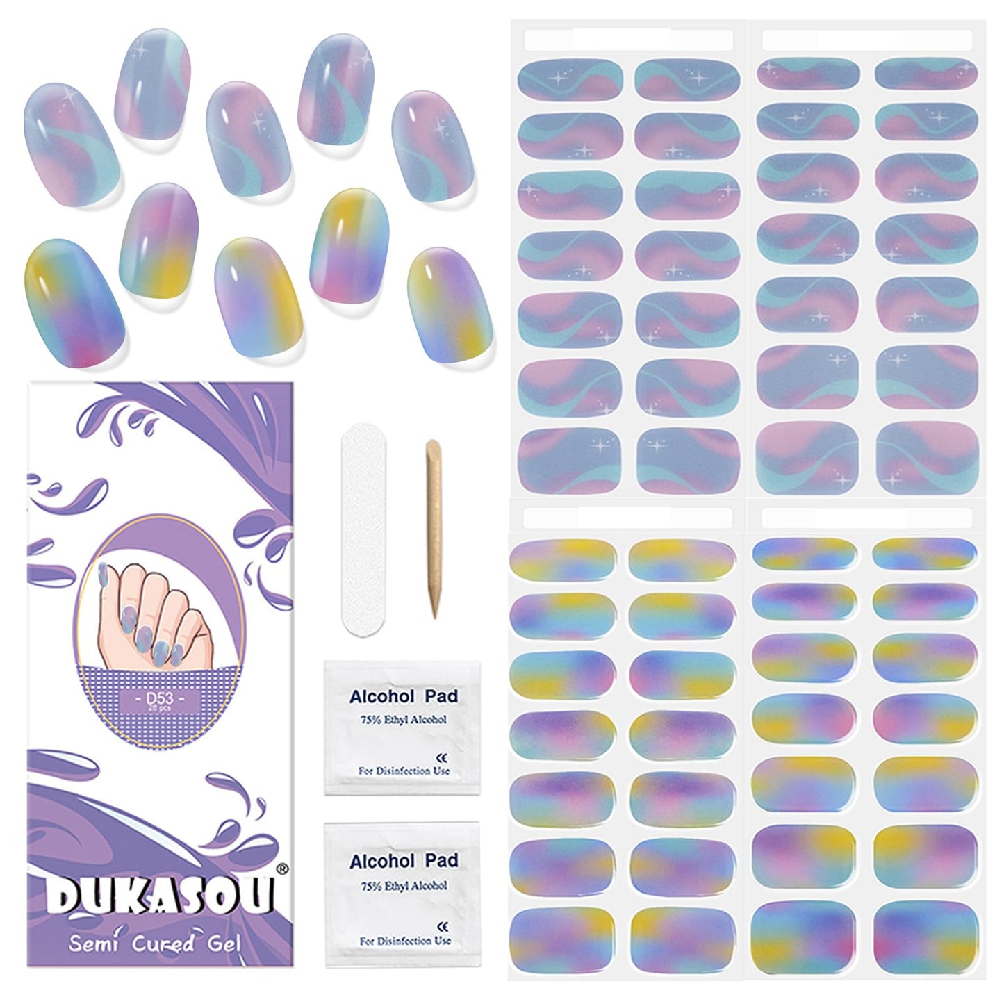 Semi Cured Gel Nail Strips, 56Pcs Nail Art Stickers/Wraps, Long Lasting UV Nail Polish Strips for Adults (Silver Rhinestones+French Tip Glitter) BST220