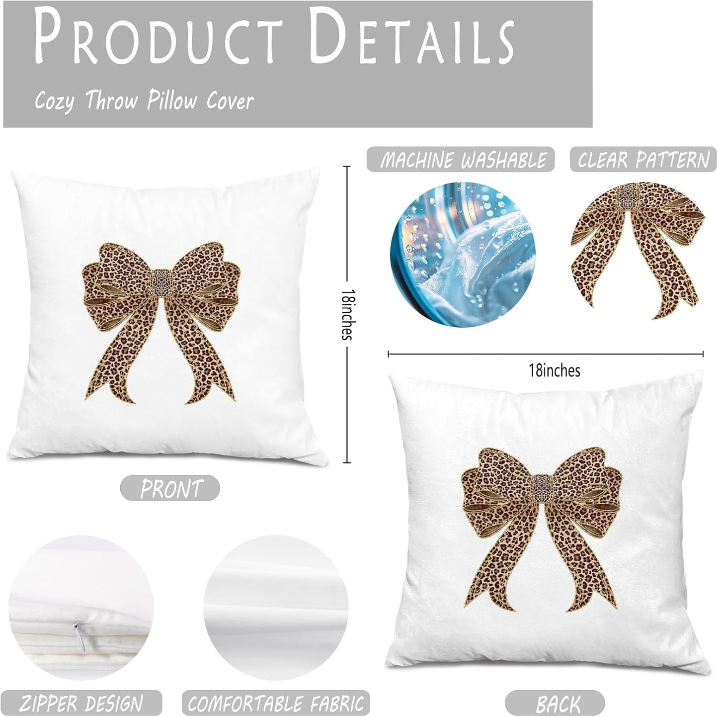 Coquette Leopard Print Bow Pillow Covers 18x18, Cheetah Print Room Decor, Coquette Room Decor, Trendy Preppy Girly Cheetah Decorative Throw Pillow Covers for Girls Bedroom Home Dorm Apartment BST326L