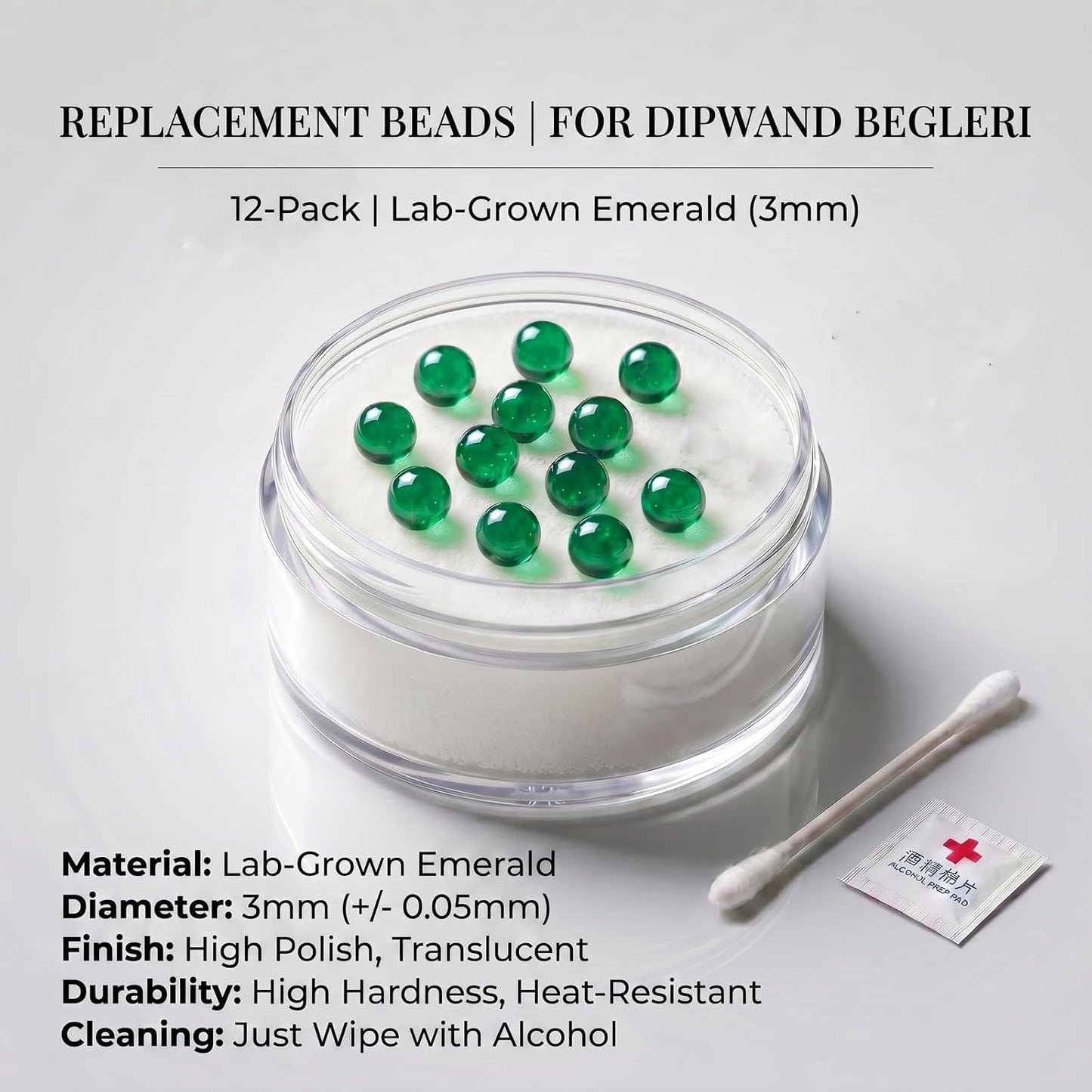 Emerald Pearls, 3mm OD Size Emerald Beads - 12 Pack - 3mm Size Emerald Pearl Accessories for Dipwand Begleri Beads BST326L