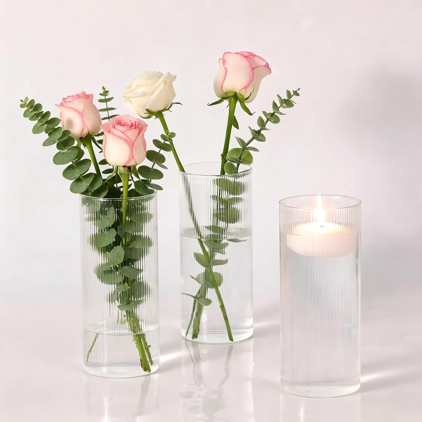 Glass Ribbed Cylinder Vases, 8 Inch Tall, Clear, Pack of 3 | Flower Vases in Bulk, Hurricane Floating Candle Vases, For Party Home Decor BST326H