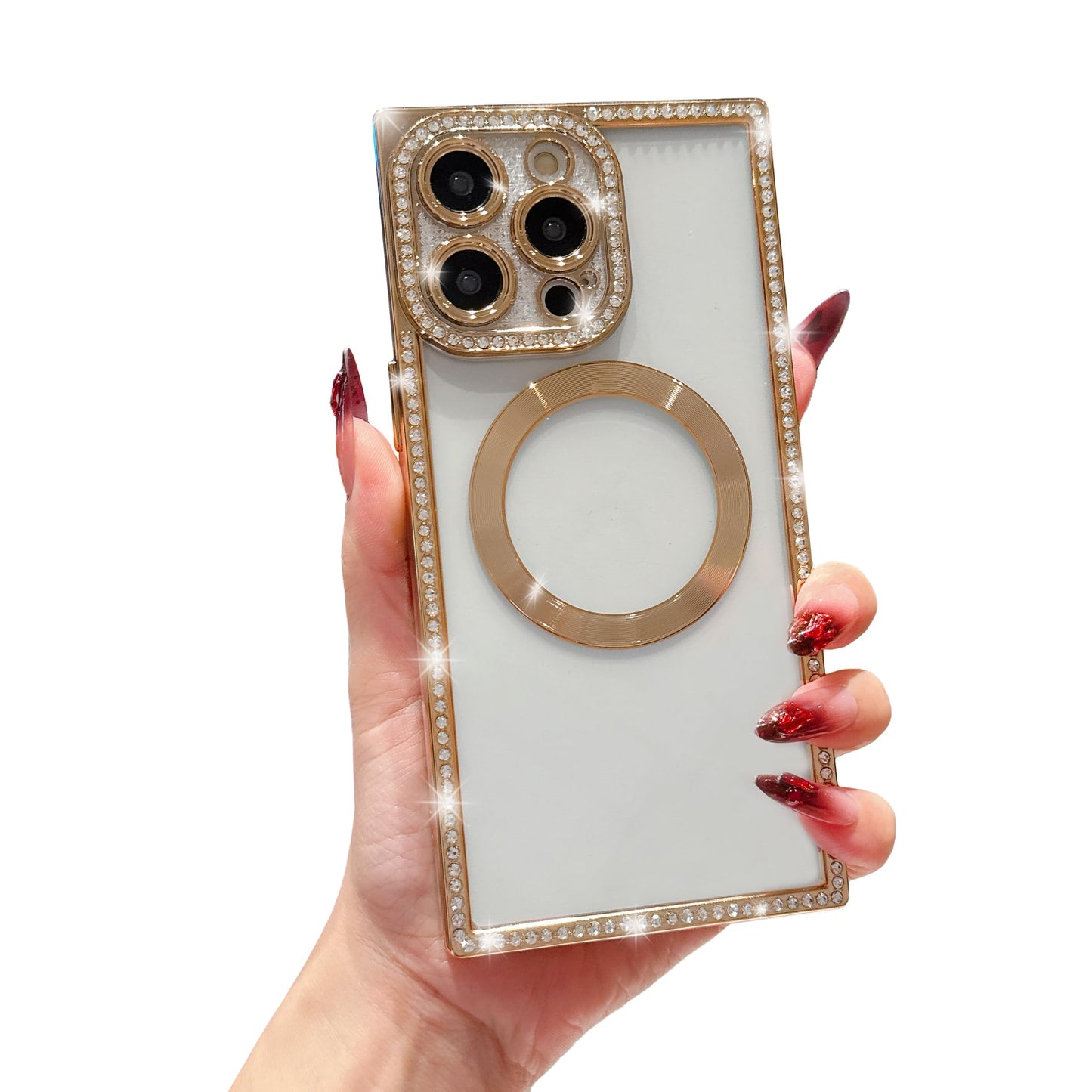 Owncase Magnetic for iPhone 13 Pro Case, Compatible with Magsafe, Crystal Diamonds Glitter Electroplated Edge Soft TPU Clear Phone Case for Women Girls, Gold WN420