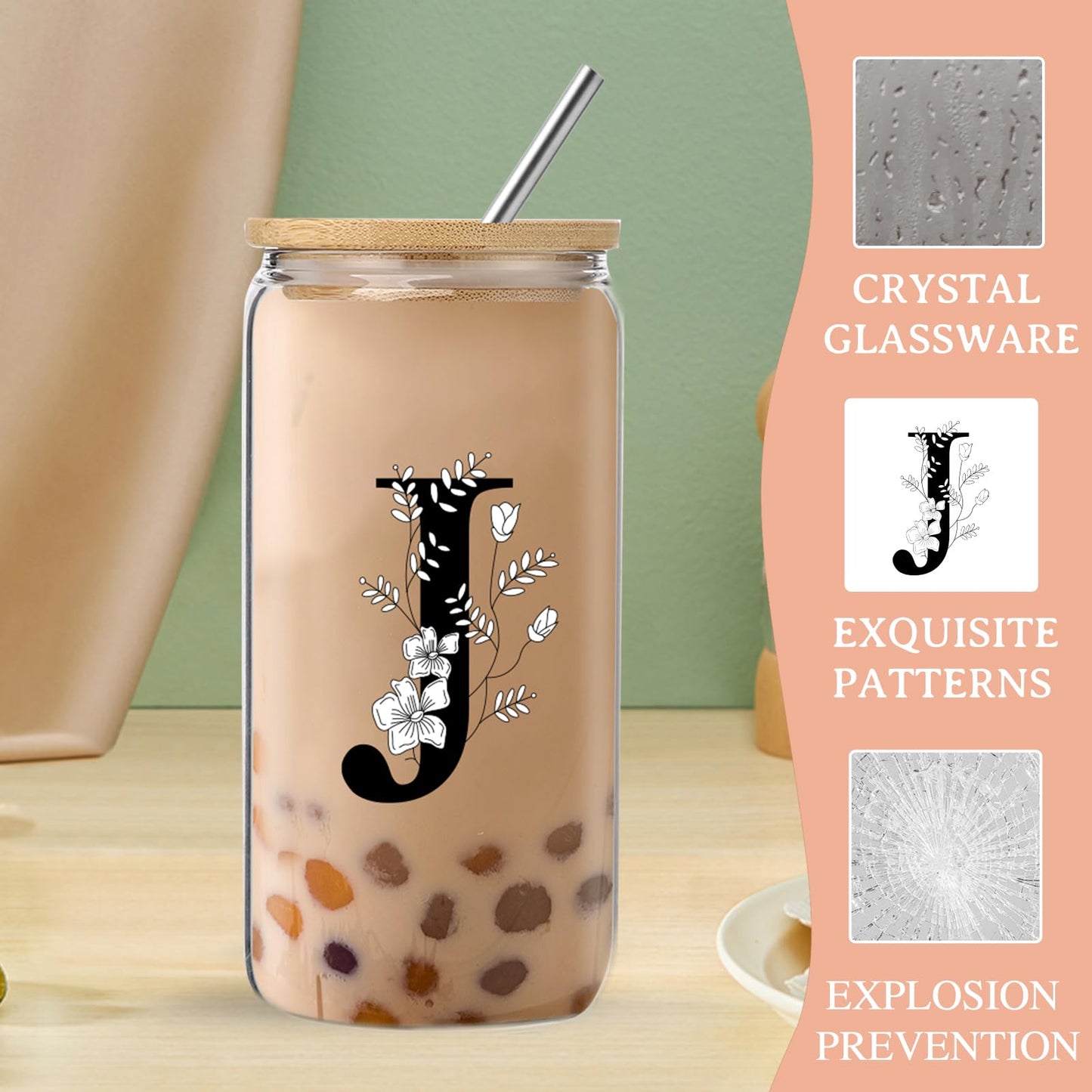 Monogrammed Initial Glass Cup with Lids and Straws gift for Women | Personalized Gift Set with Doll, 16 Oz Ice Coffee Cup ,reusable glass tumbler,Birthday Christmas Gift for Her,U WN420