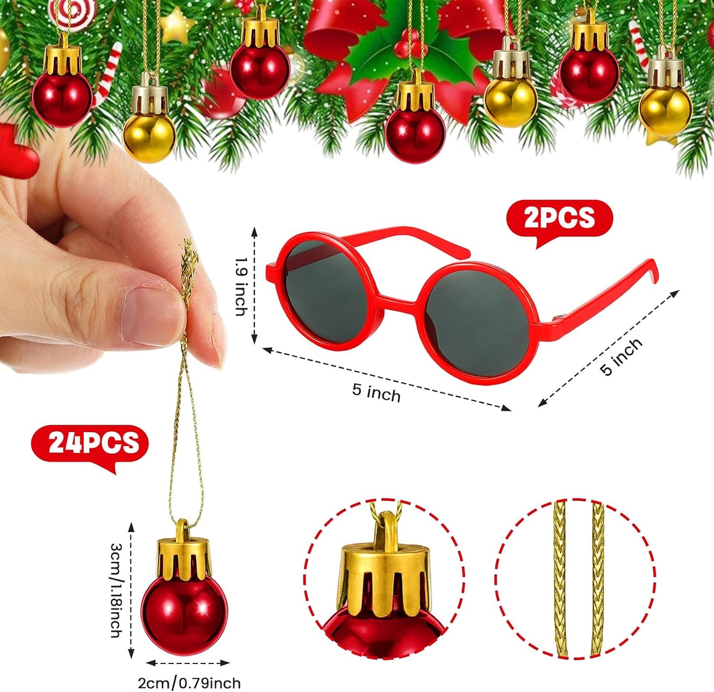 6 Sets Accessories for Pineapple Summer Christmas Tree 72 Shatterproof Mini Balls & 6 Sunglasses WN420