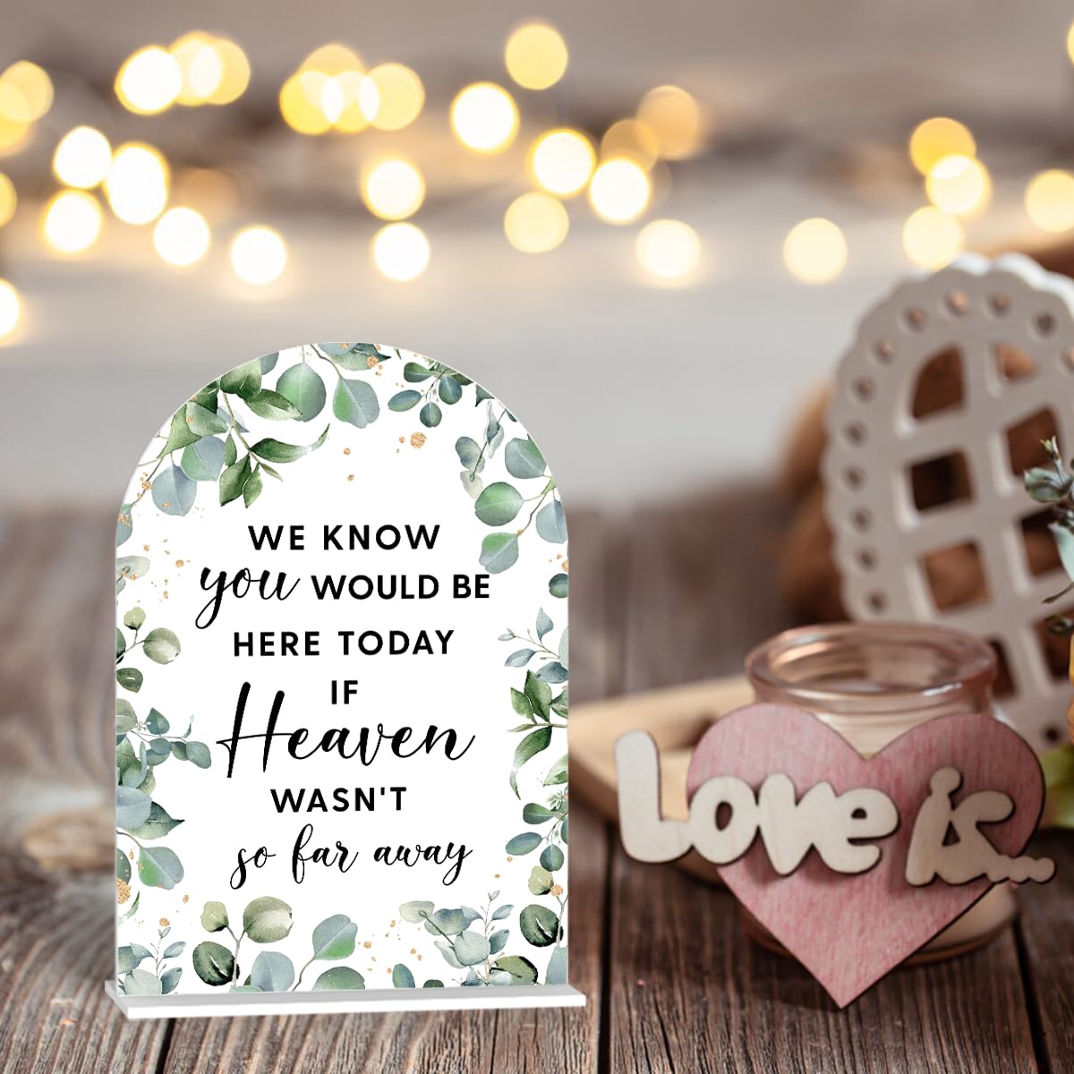 Acrylic Wedding Signs, Bubble Send Off Signs for Marriage Reception, Bridal Shower Decorations, Modern Arched Round Top Acrylic Table Top Sign with Holder for Wedding Party (White Eucalyptus Leaves) BST326L