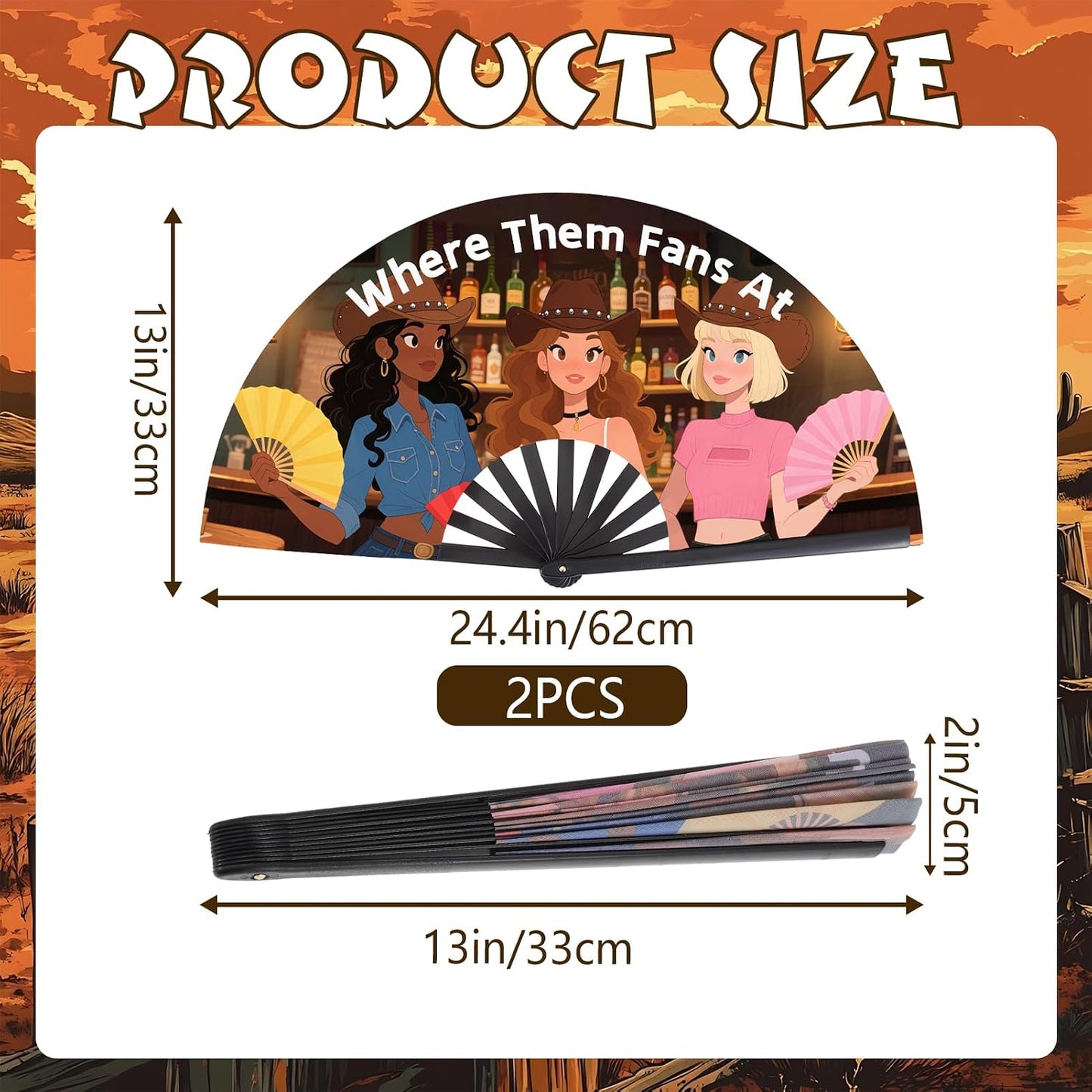 2 PCS Where Them Fans At Clacking Fans for Line Dancing, 13 Inches Large Festival Folding Fan, Boots On The Ground, 210D Oxford Cloth Pop Fan for Music Festival, Concert, Wedding, Halloween Party WN420