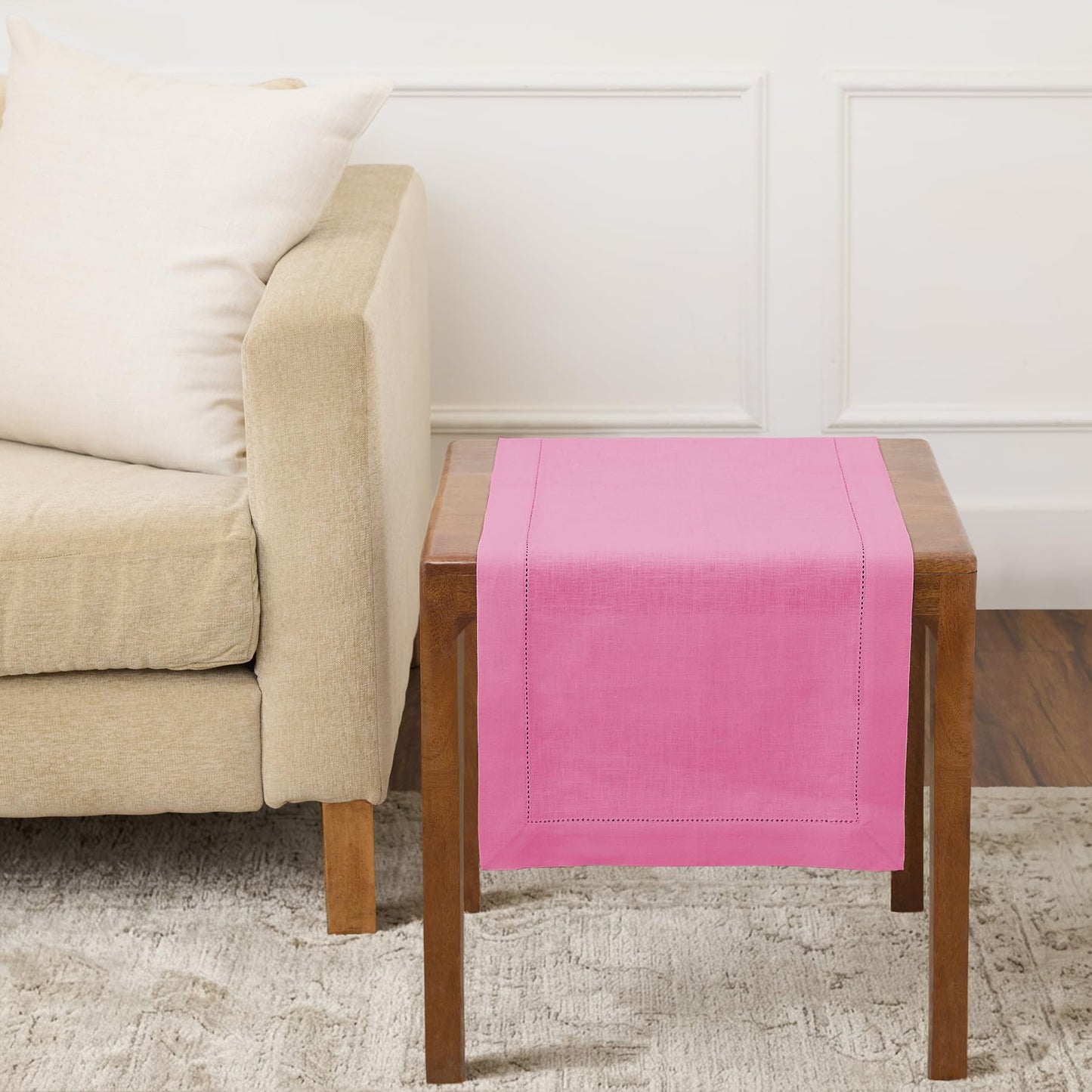 Solino Home 100% Pure Linen Table Runner Garden Green Hemstitch, 14 x 48 in | Classic Hemstitch Table Runners for dining, hallway and console table styling | hand hemstitched borders | OEKO-TEX Certified BST326SOLH