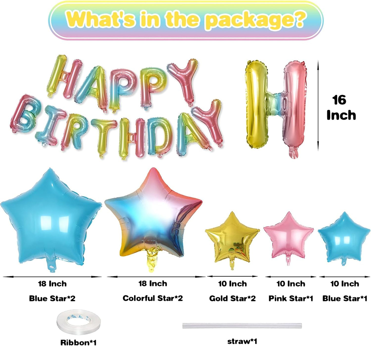 Happy Birthday Balloons Banner, Rainbow Happy Birthday Foil Balloons 16 Inch Foil Letter Balloon with 8 Pcs Gradient Blue Pink Star Balloon for Women Men Boys Girls Birthday Party Decoration WN420