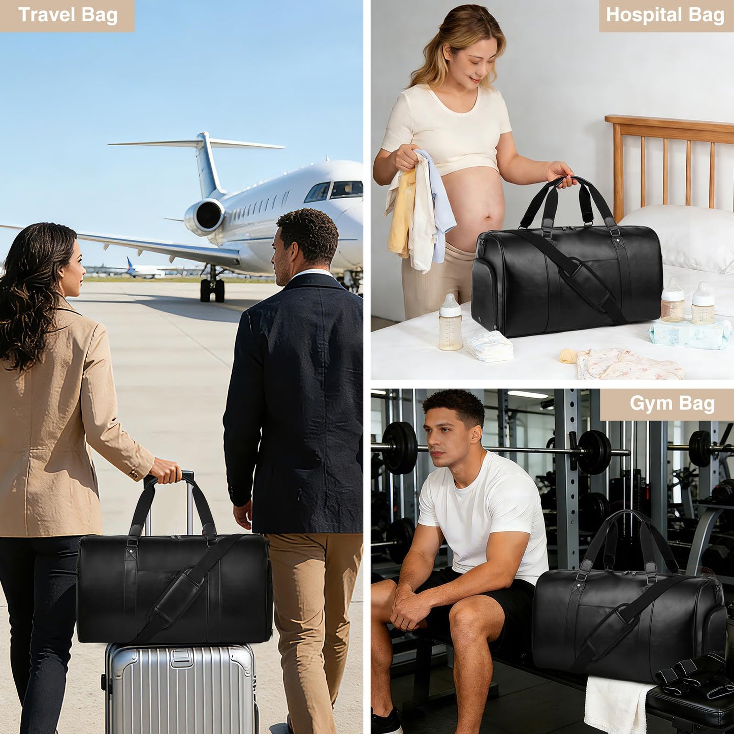 Large 4-in-1 Leather Duffle Bag for Travel Weekender Overnight Hospital Gym Bag for Men & Women, Carry On Airline Approved Personal Item Duffel Garment Bag Luggage with Shoe Compartment & Toiletry Bag BST326H