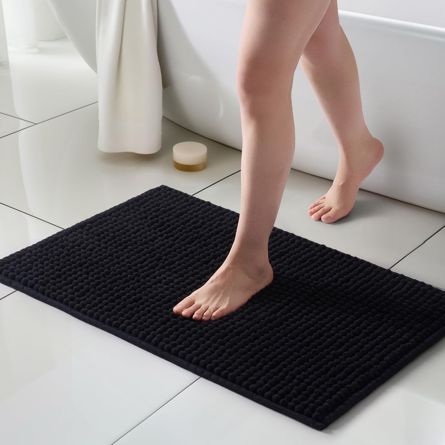 FRESHMINT Thick Chunky Chenille Bathroom Rug, Black, 20"x32" | Non-Slip Backing, Water Absorbent Surface, Machine Washable Care, Cushioned Comfort, Bathroom Floor Use BST220