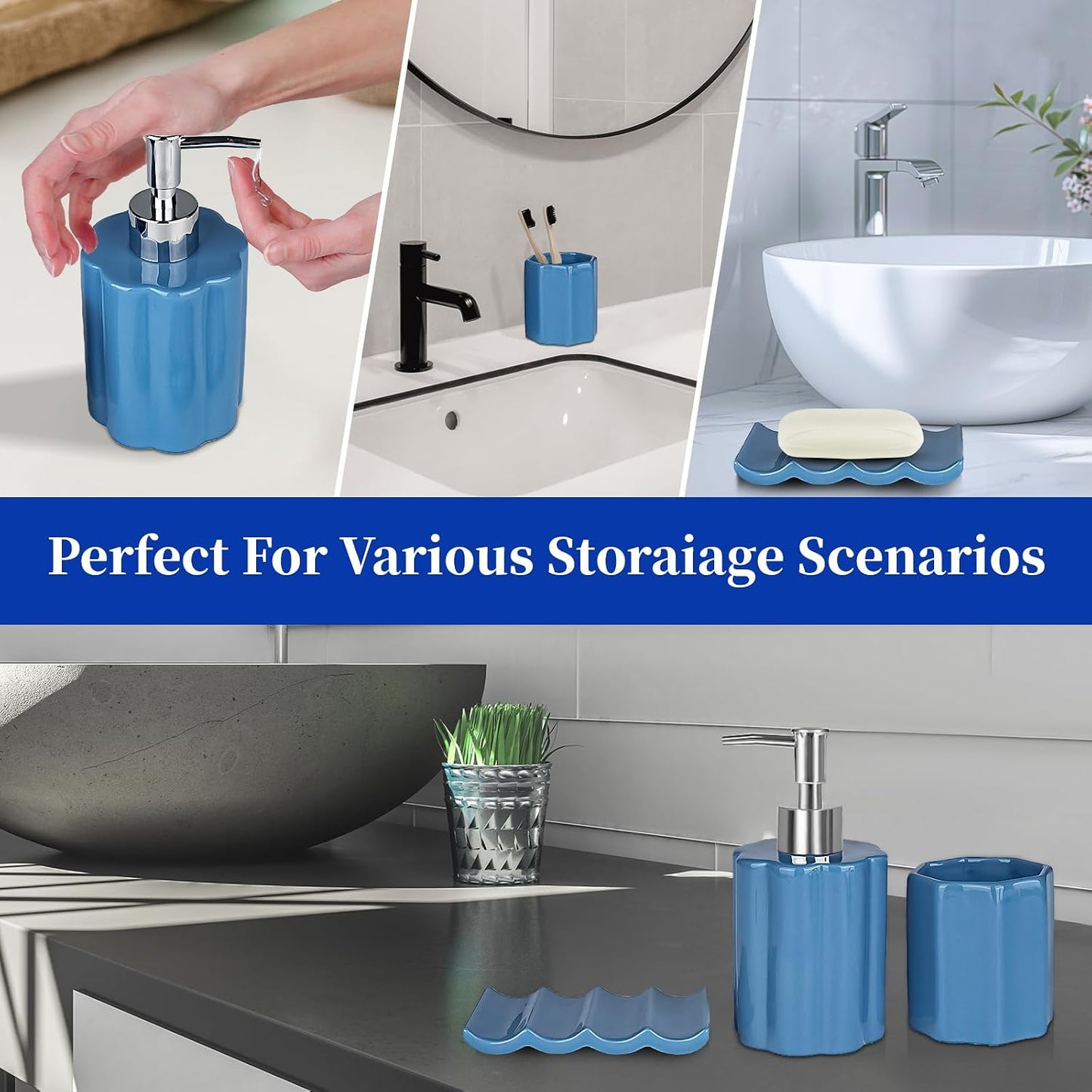 Ceramic Bathroom Accessories Set, Amaauto 3-Piece - Blue Soap Dispenser, Toothbrush Holder & Soap Dish | Modern Bathroom Decor for Countertop Organization BST202