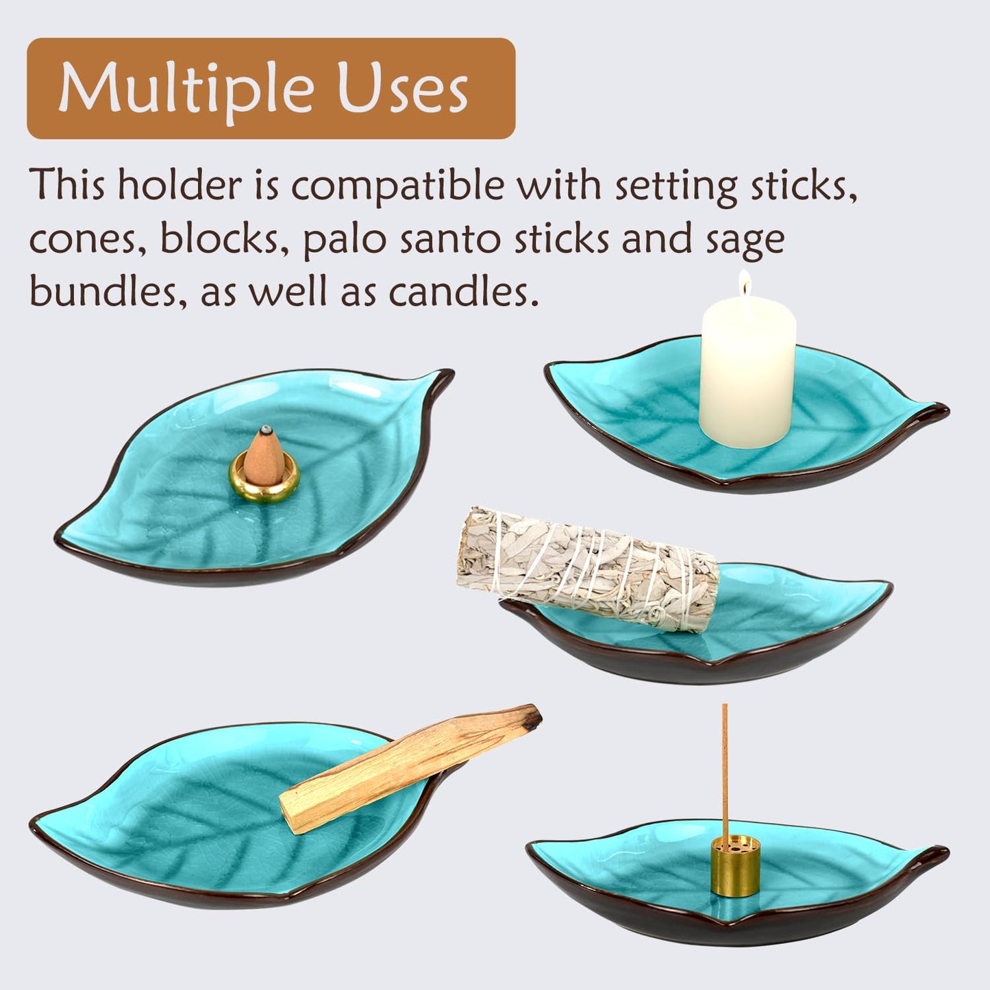 Incense Holder for Sticks (9 Holes) and Cones, Handmade Ceramic Incense Ash Catcher for Meditation, Yoga, SPA Days, Relaxing, Home Decor, Candle Holder, Easy to Clean, Leaf-Shape (Blue) BST220