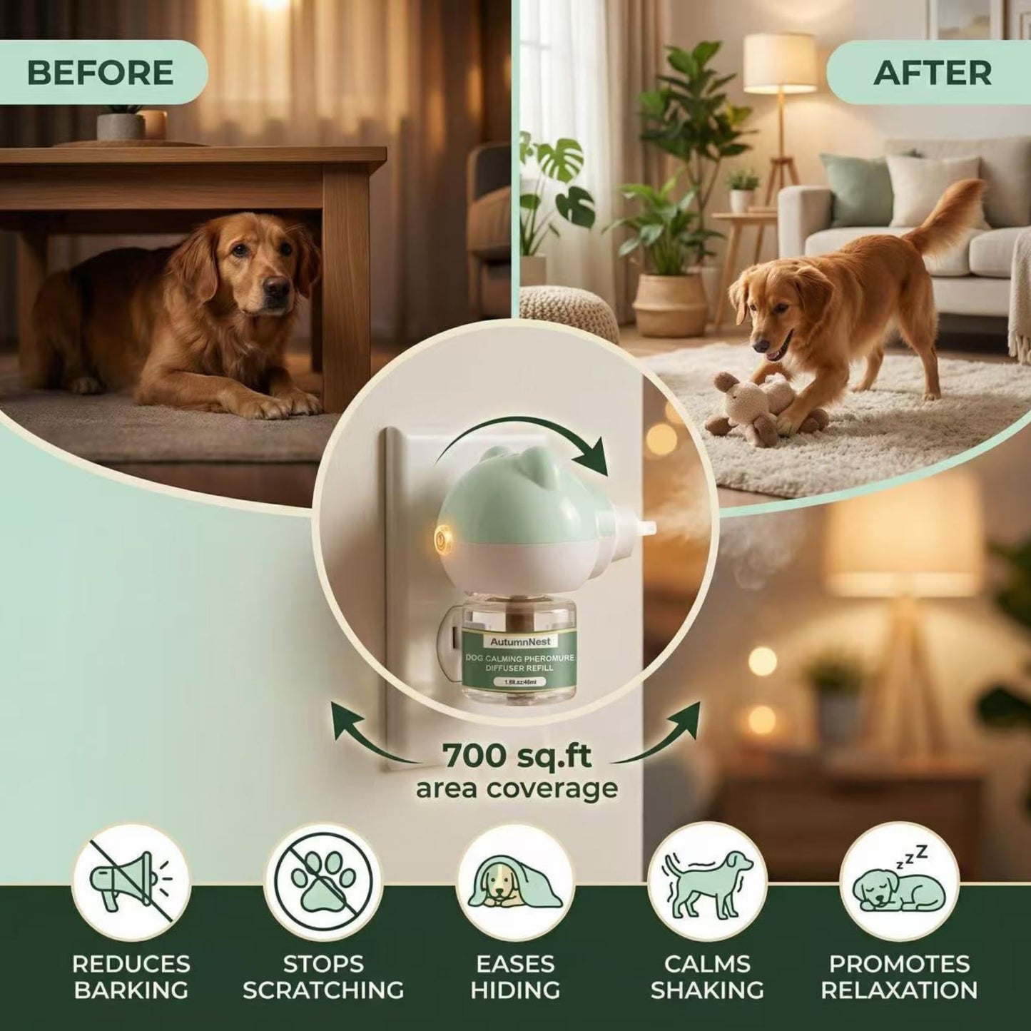 8-in-1 Dog Calming Pheromone Diffuser Kit – Pet Stress Support (2 Plug-Ins & 6x48ml Refills), Calming Diffuser for Dog During Thunderstorms, Travel, Separation, Fireworks & Vet Visits, 180-Day Supply WN420