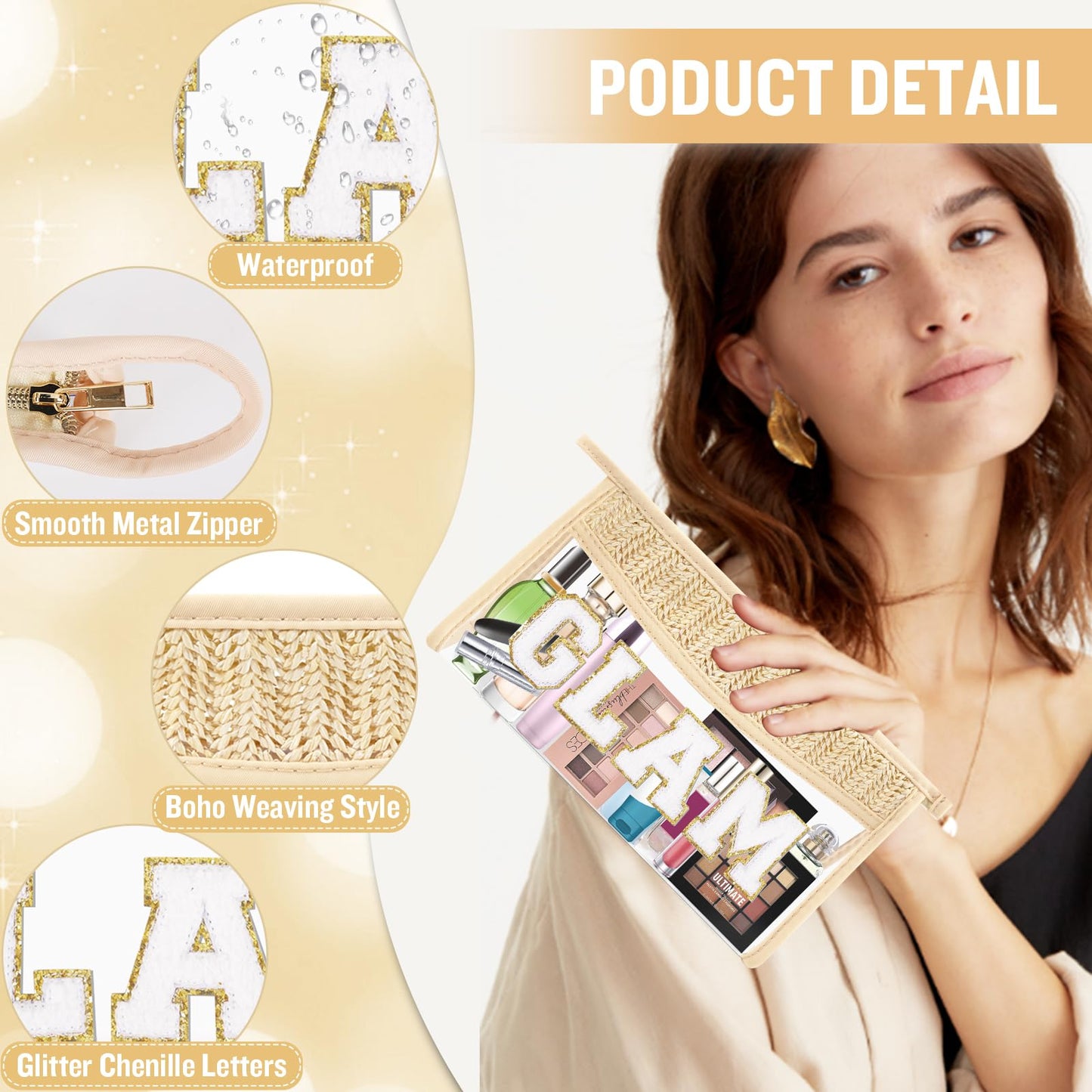 Boho Clear Makeup Bag Cosmetic Zipper Pouch Purse, Clear Toiletry Bags Travel Small Preppy Cute DIY Chenille Letter Bag, Transparent PVC Waterproof Clutch Make Up Organizer Storage Bag for Women Girls BST220