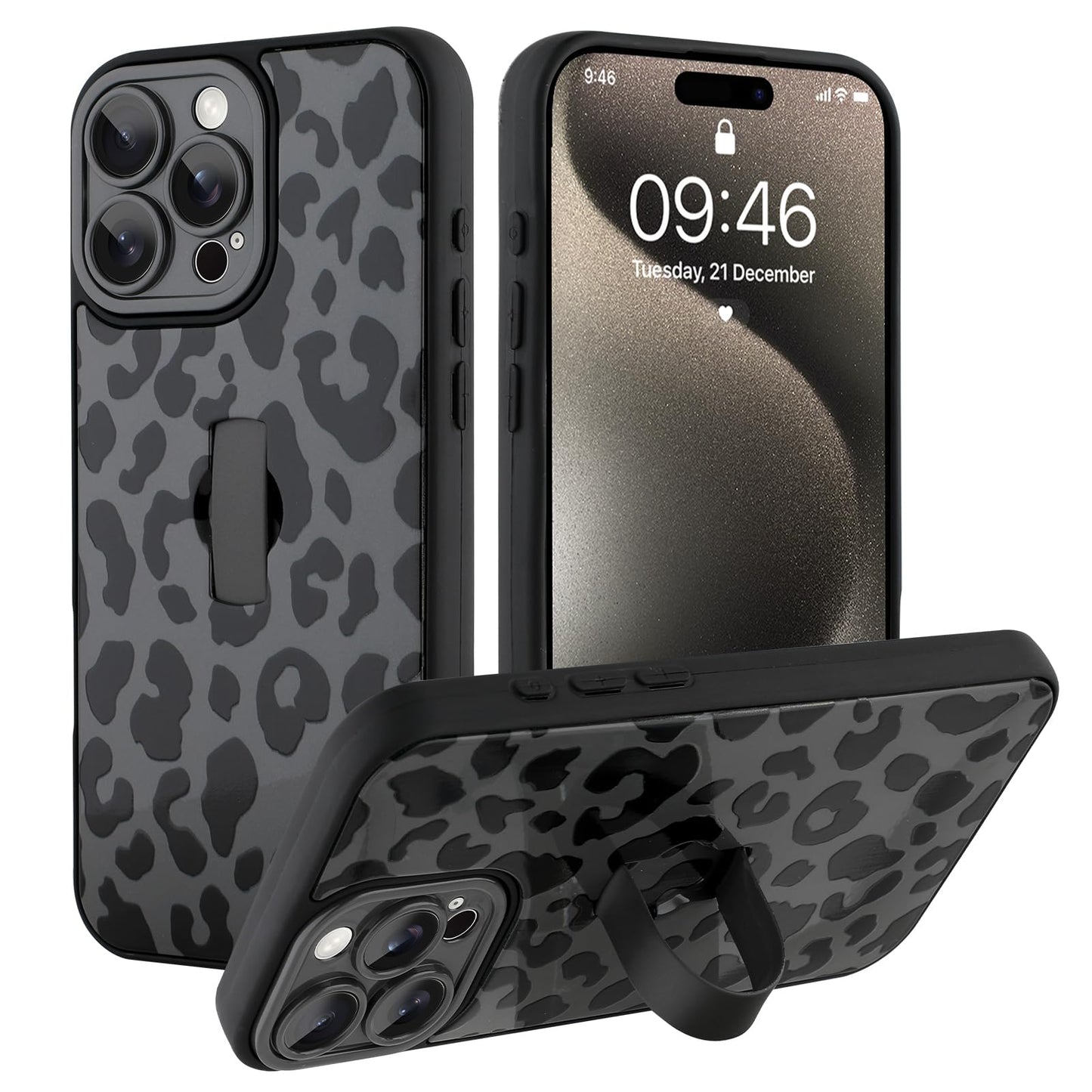 Compatible with iPhone 13 Case, Cute Cheetah Leopard Pattern | Built in Adjustable Wrist Strap Grip Hand Holder Stand Shockproof Kickstand Cover for Women Girls (Black White) WN420