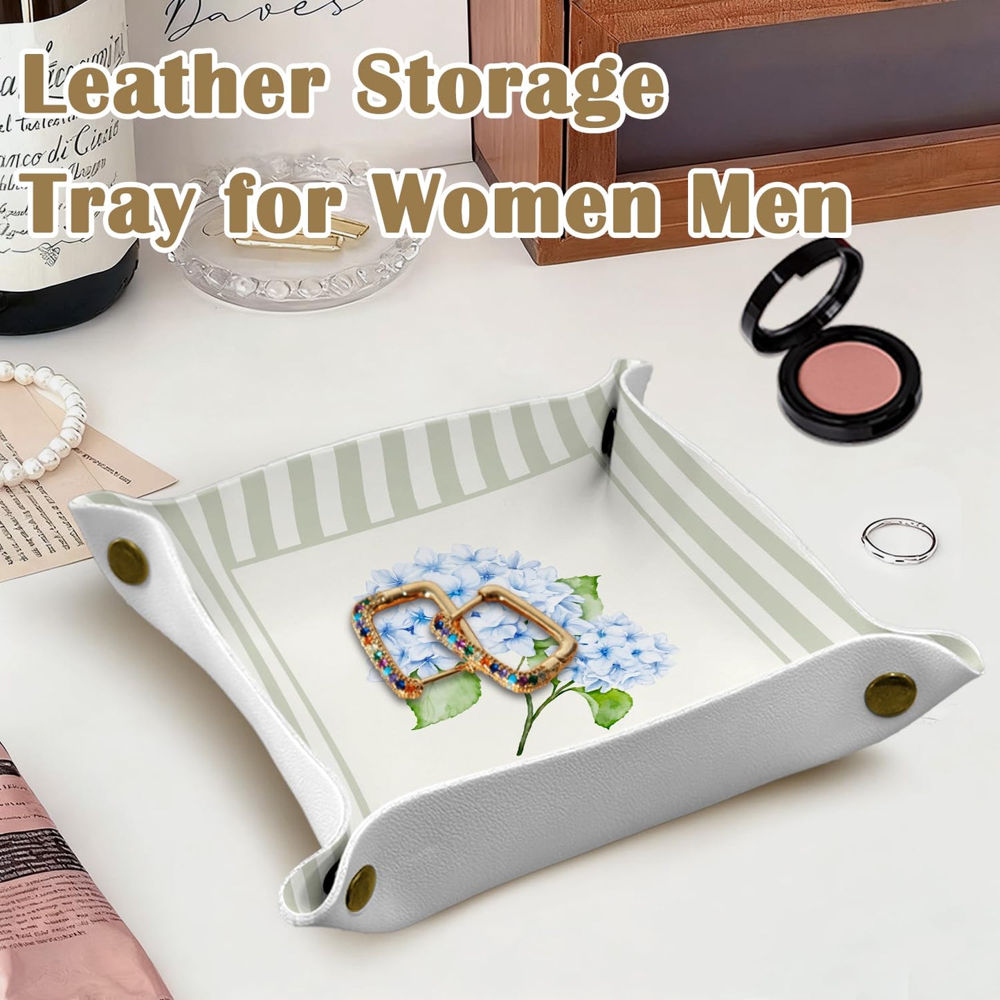 Marble Jewelry Valet Tray for Women Men, Black and Gold Marble PU Leather Catchall Beside Caddy Nightstand Organizer Tray for Jewelry Rings Watches Keys and Accessories, 7.87x7.87in BST220