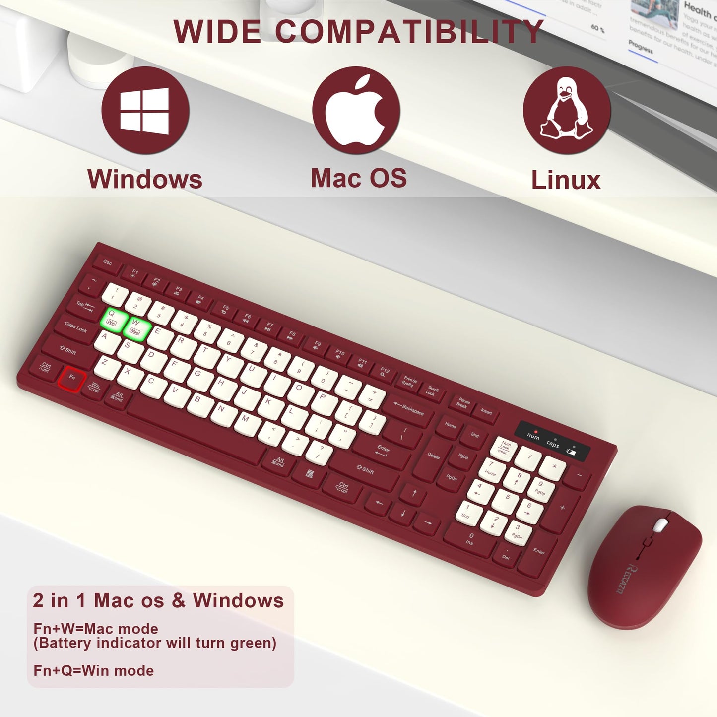 Wireless Keyboard and Mouse Combo, Full-Sized Wireless Keyboard and Adjustable DPI Mouse, 2.4GHz USB Receiver, Silent Keyboard and Mouse for PC, Windows, MAC, Desktop, Laptop (Avocado Green)