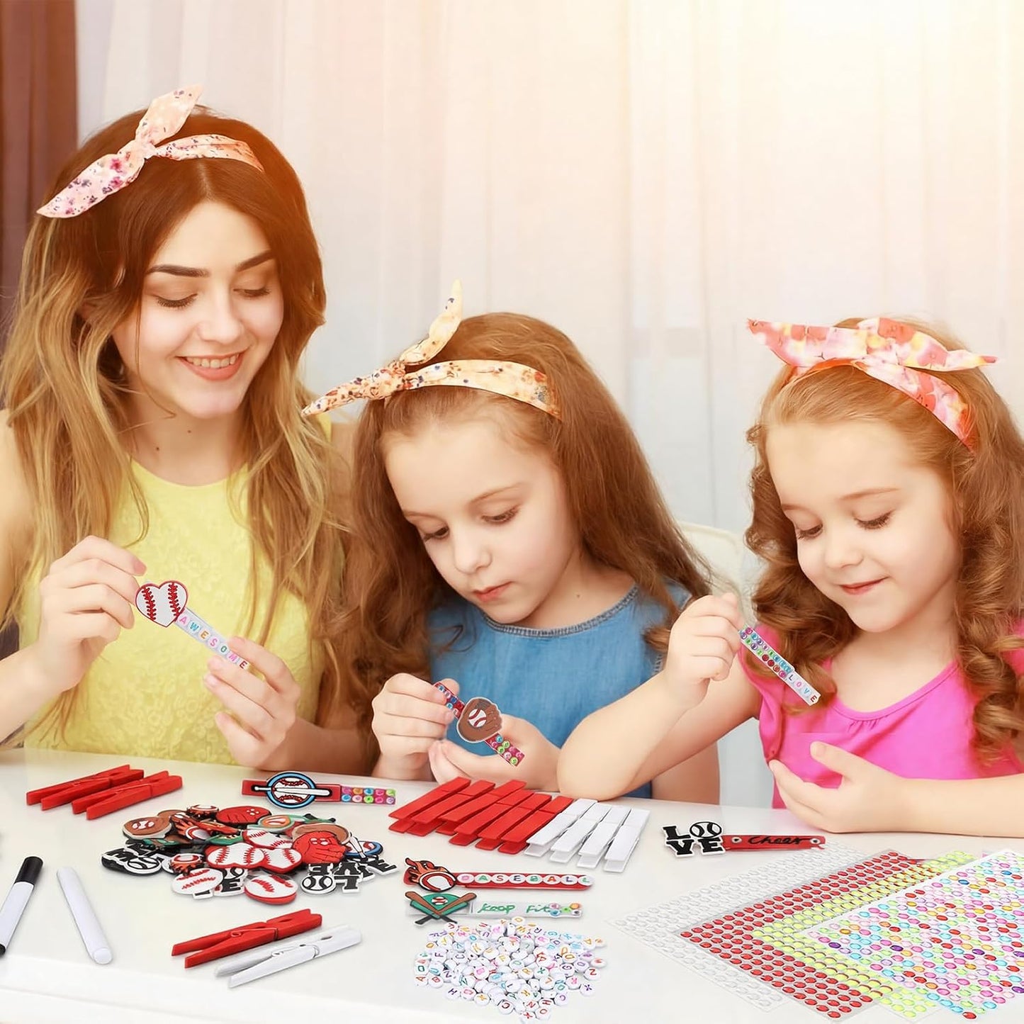 Amyhill 60 Sets Baseball Cheer Pins Wooden DIY Spirit Clips Clothes Pins with 260 Alphabet Beads 4 Rhinestone Stickers 4 Markers 9 ml Glue 60 Baseball Stickers for Cheerleaders Gifts Backpacks Decor BST326H
