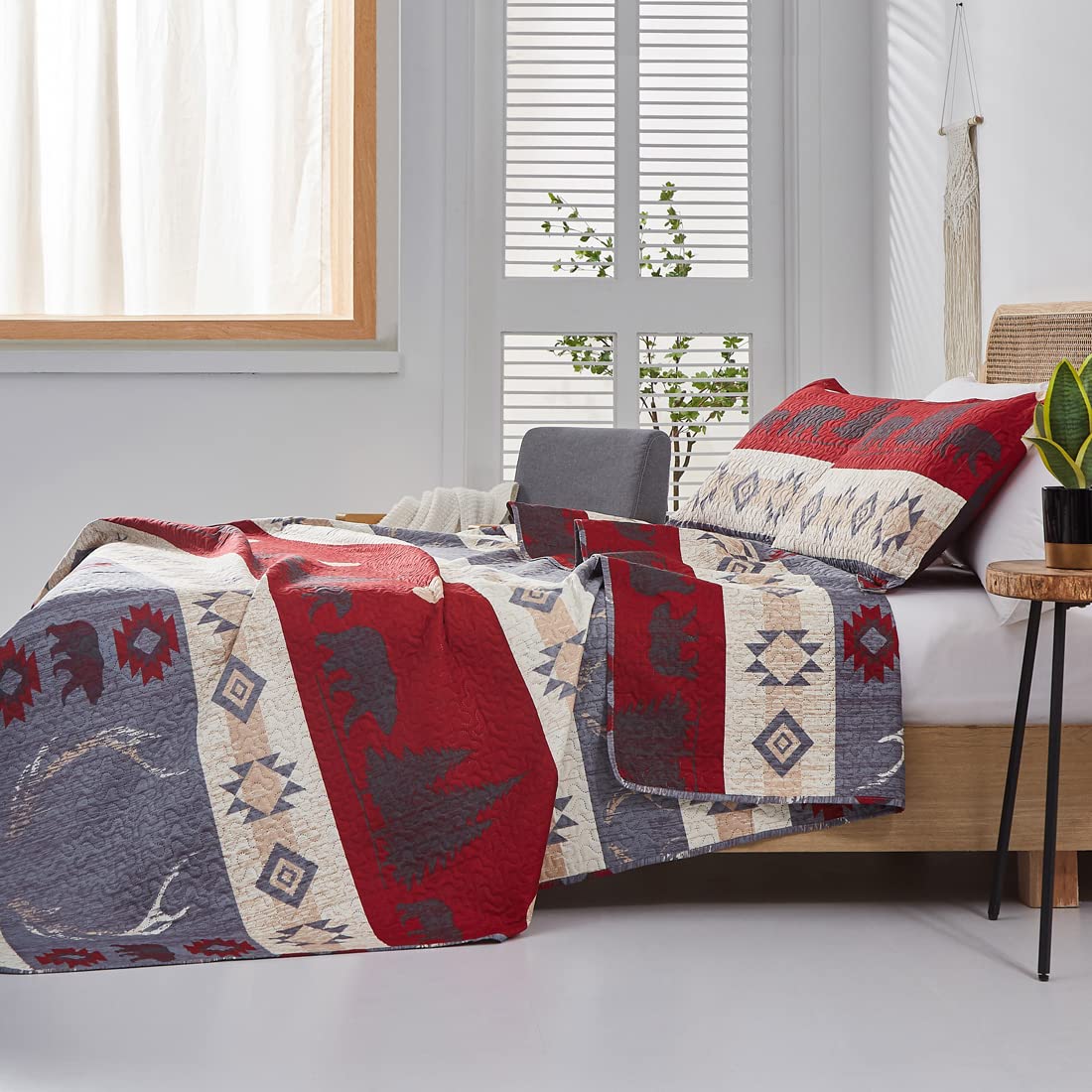 Rustic Moose Quilt Set King Size Lodge Quilt Lightweight Summer Cabin Bedspread Country Bedding Forest Bear Fish Pine Coverlet Daybed Cover Blanket Woodland Home Decor-Brown White BST220
