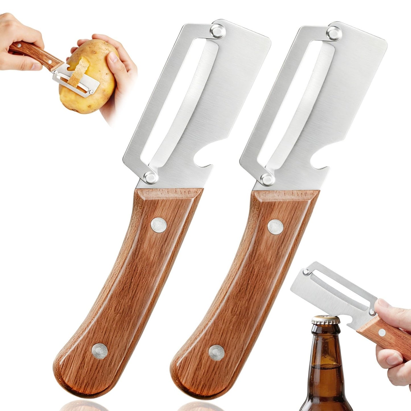 Left & Right Hand Vegetable Peeler Set with Bottle Opener, Thickened Stainless Steel Wide Blade for Smooth Peeling, Wooden Handle Kitchen Peeler for Fruits & Vegetables BST326L