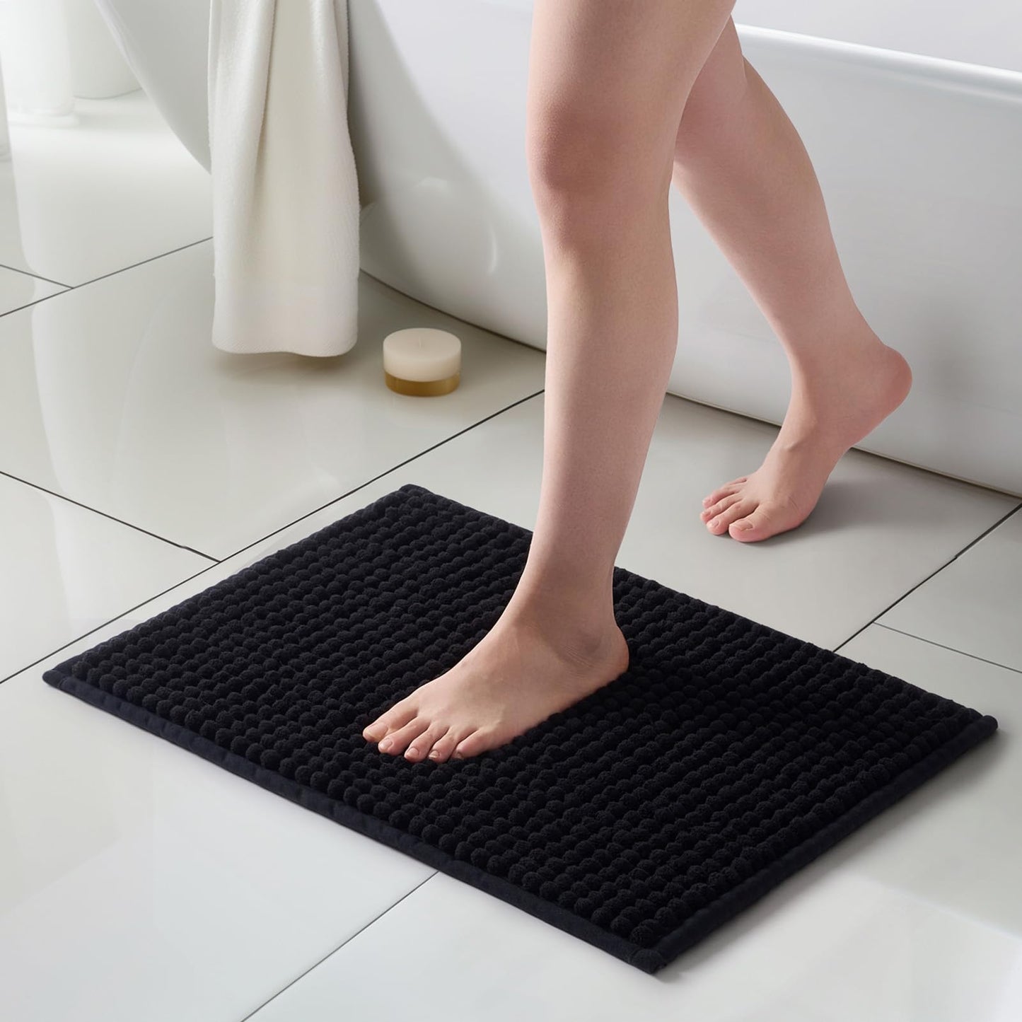 FRESHMINT Thick Chunky Chenille Bathroom Rug, Black, 20"x32" | Non-Slip Backing, Water Absorbent Surface, Machine Washable Care, Cushioned Comfort, Bathroom Floor Use BST220