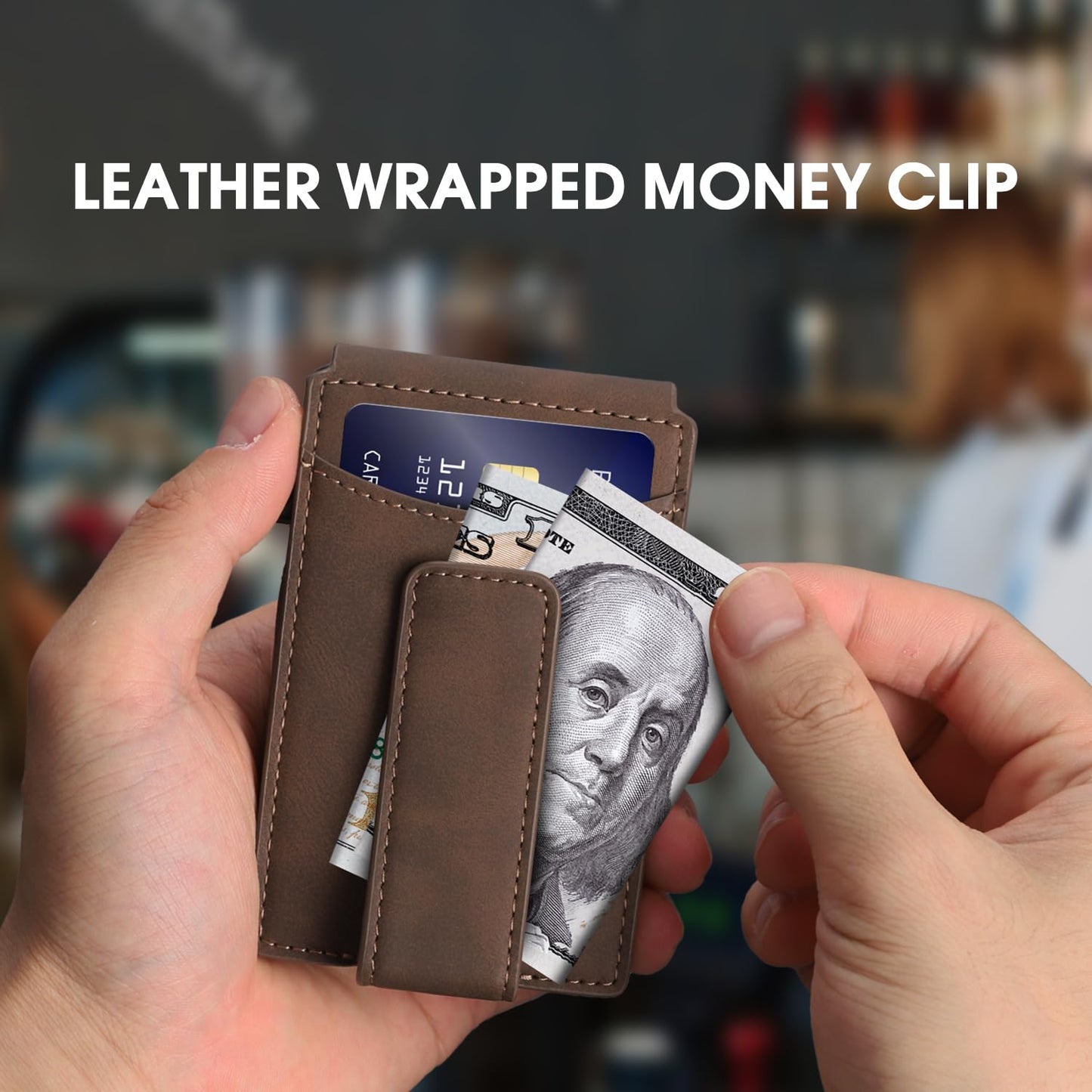 Wallet for Men RFID Blocking Card Holder, Genuine Leather Slim Pop up Card Case, Minimaslit, Front Pocket, 9-13 Card Capacity, ID Window, Money Clip(Carbon) BST220