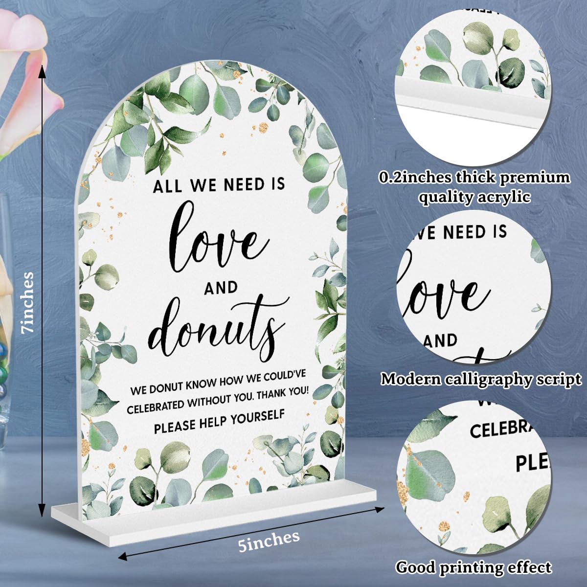 Acrylic Wedding Signs, Bubble Send Off Signs for Marriage Reception, Bridal Shower Decorations, Modern Arched Round Top Acrylic Table Top Sign with Holder for Wedding Party (White Eucalyptus Leaves) BST326L