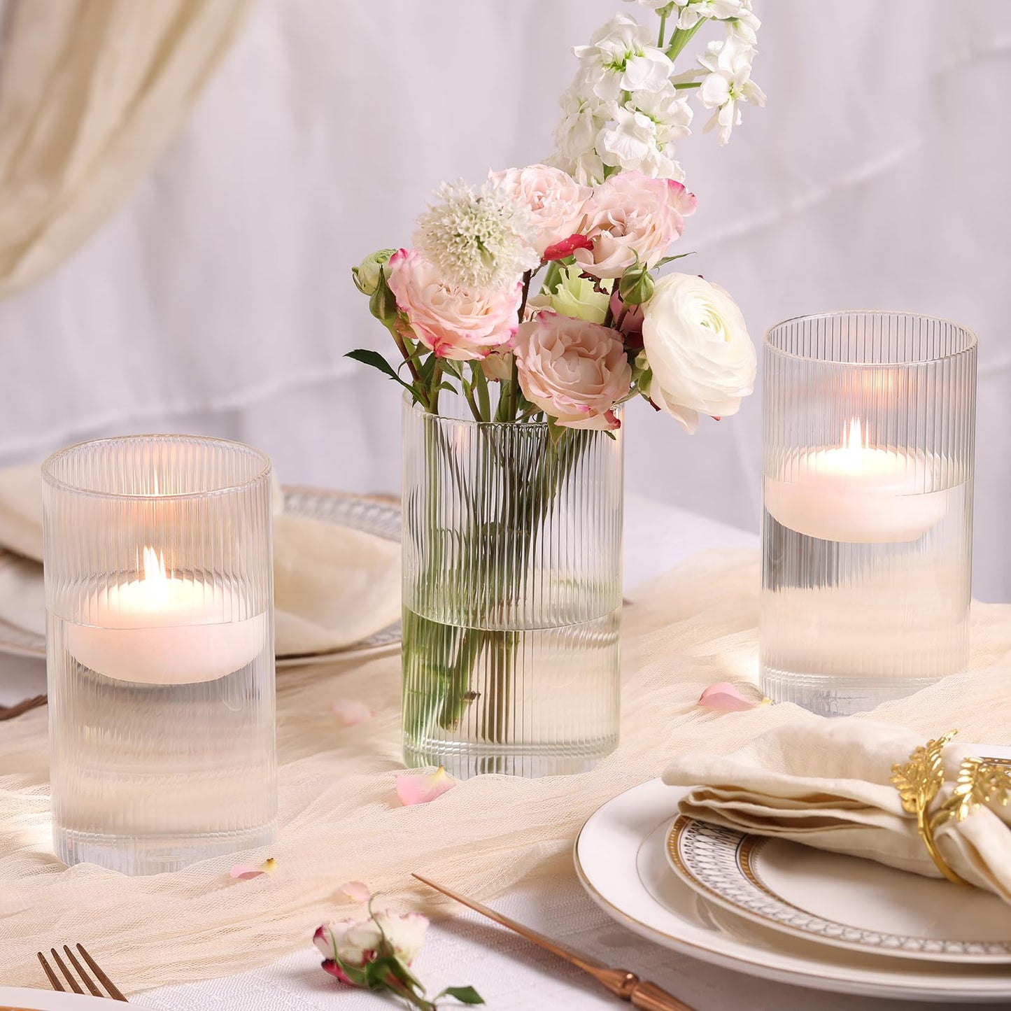 Glass Ribbed Cylinder Vases, 8 Inch Tall, Clear, Pack of 3 | Flower Vases in Bulk, Hurricane Floating Candle Vases, For Party Home Decor BST326H