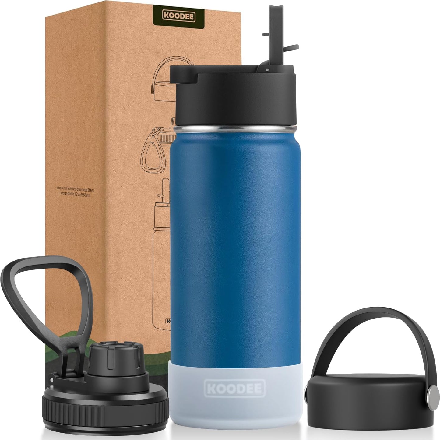koodee Water Bottle-12 oz Stainless Steel Double Wall Vacuum Insulated Water Bottle for School-Wide Mouth Flask with Straw Lid (Teal) BST220