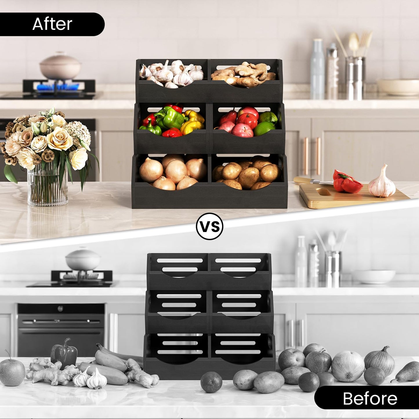 Onion Storage Bins Potato, 3 Tier Bamboo Pantry Storage Bin Stackable Ventilated Kitchen Organizer N3233