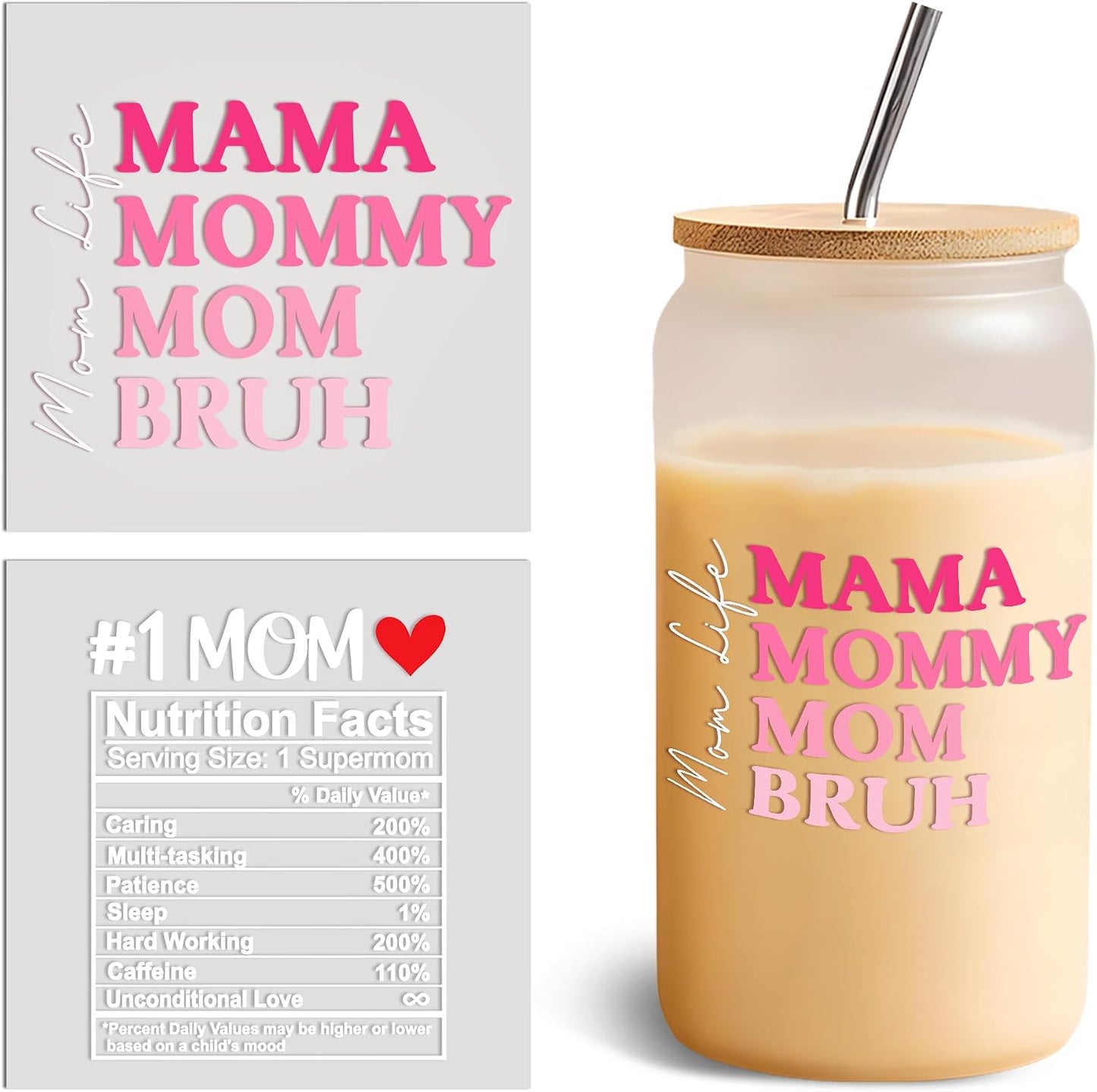 Set 2Pcs Mama Mommy Mom Bruh UV DTF Cup Wraps for 16 oz Glass Mom Life Heart Mother's Day, Cold Transfer Stickers for Glass Cups, Vinyl Waterproof Rub on Transfer Sticker Christmas BST202