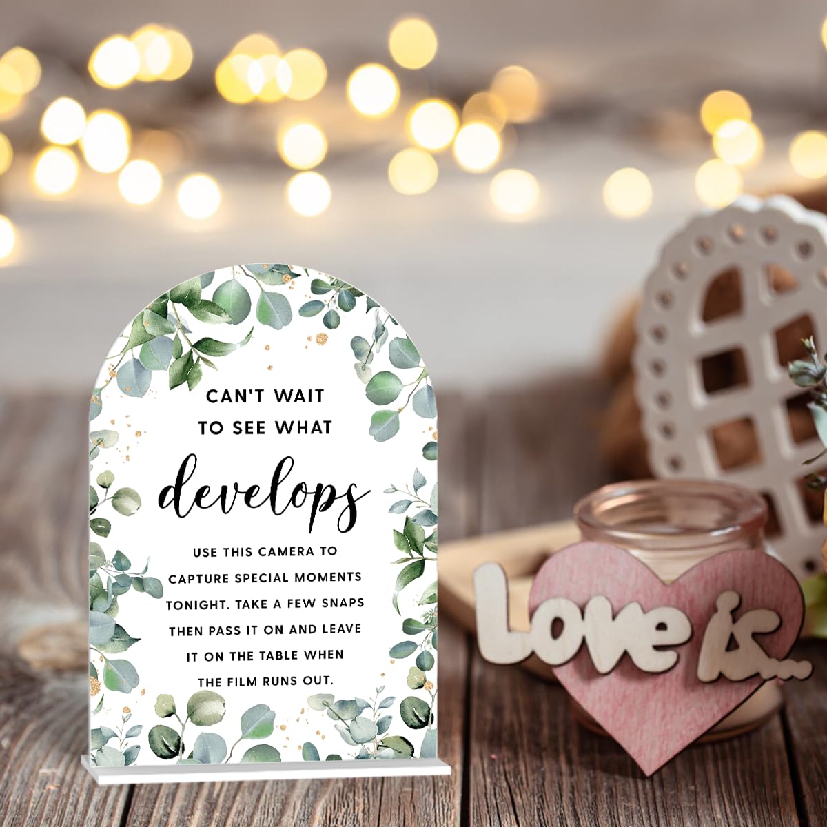 Acrylic Wedding Signs, Bubble Send Off Signs for Marriage Reception, Bridal Shower Decorations, Modern Arched Round Top Acrylic Table Top Sign with Holder for Wedding Party (White Eucalyptus Leaves) BST326L