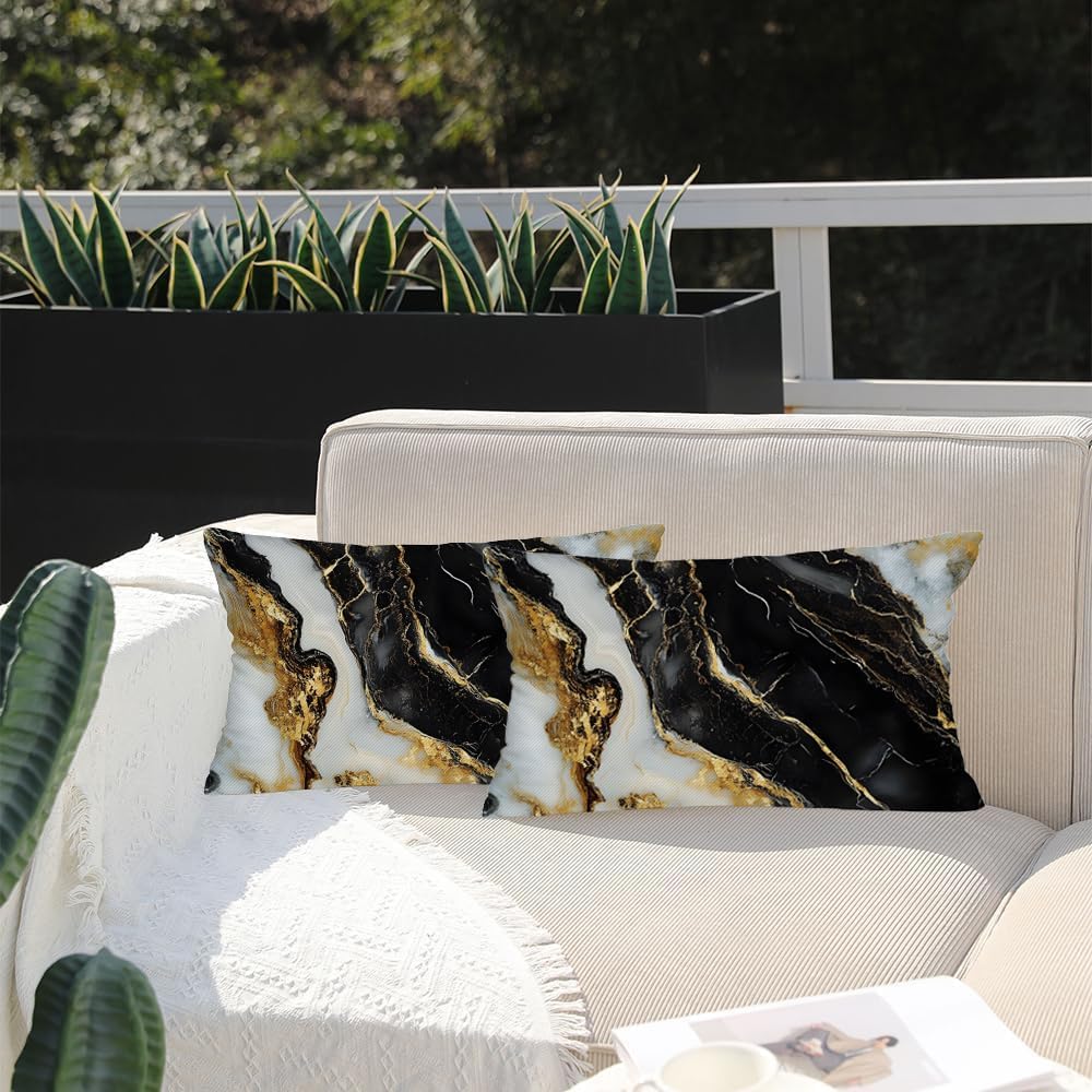 Fukeen Waterproof Marble Gold and Black Pillow Cover 12x20 Inch Set of 2 Throw Pillow Covers Farmhouse Outdoor Patio Garden Decorative Pillow Cushion Case Abstract Art Modern Home Decor BST326H