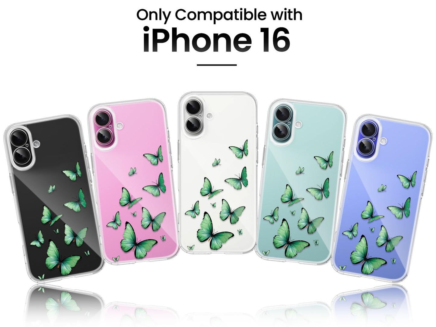 Cute Girly Crystal Clear Case Compatible with iPhone 16 Pro, Camera Control & Shockproof Protection Floral Case for Women, Blue Butterflies WN420