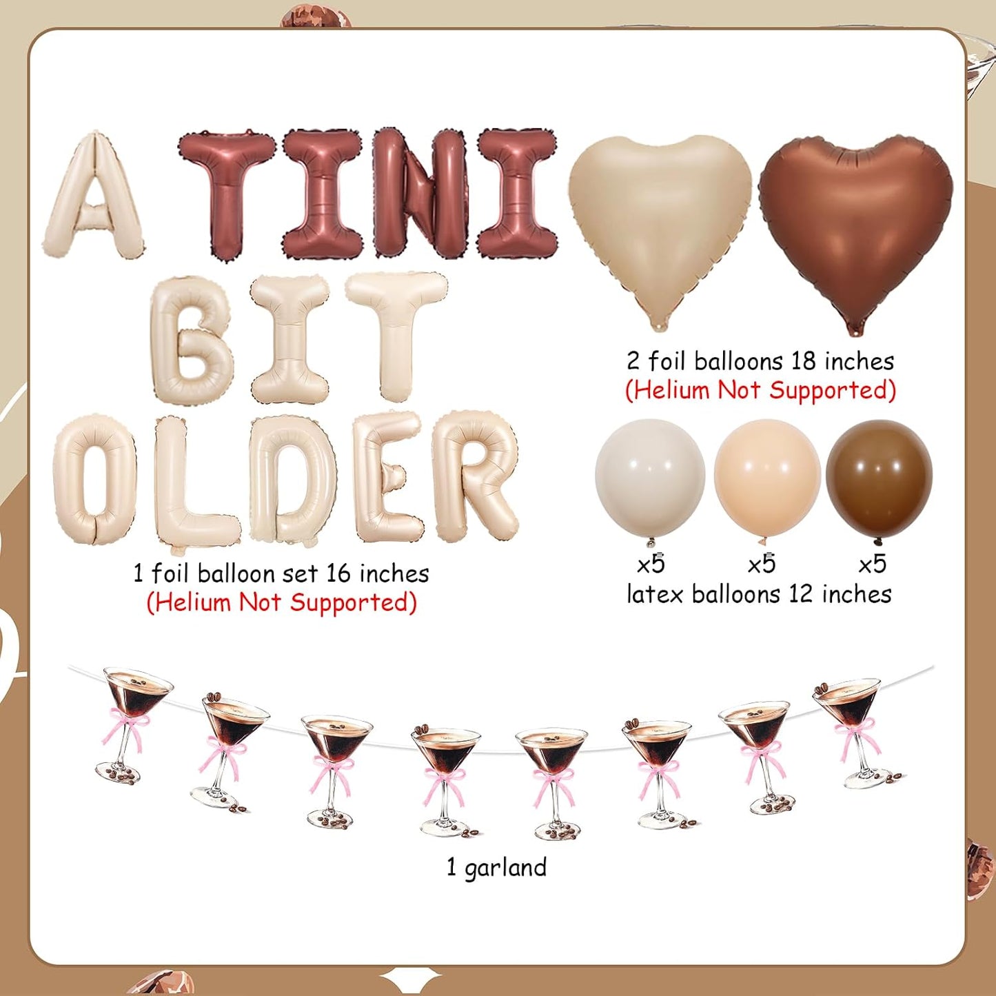A Tini Bit Older Birthday Decorations Espresso Martini Themed Banner Garland A Tini Bit Older Foil Balloons Brown Beige Heart Shape Foil Balloons for Girl Martini Party Bachelorette Party Supplies BST202
