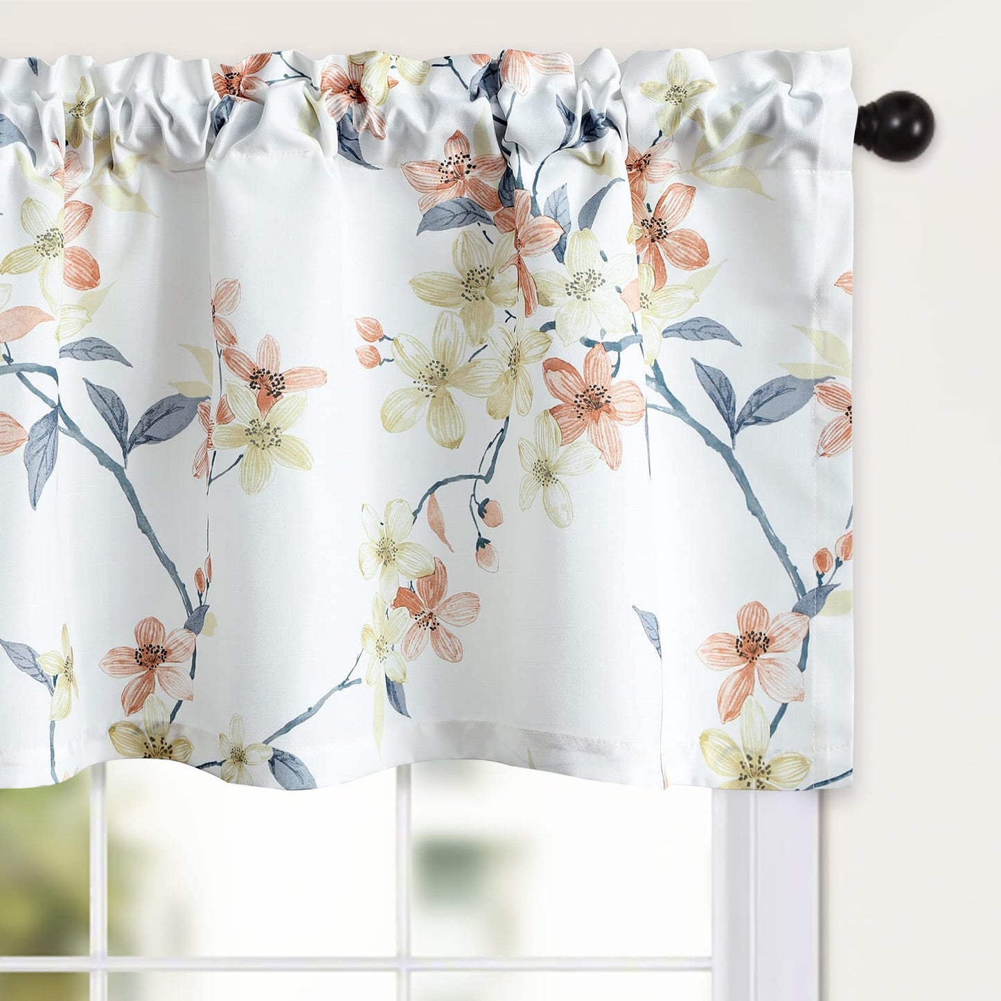 Leeva Farmhouse Kitchen Valances for Windows, Watercolor Blossoming Floral Print Curtains, Soft Faux Linen Curtain Toppers and Valances for Bedroom, 60 x 14 Inch, Brown & Grey, 1 Panel BST220
