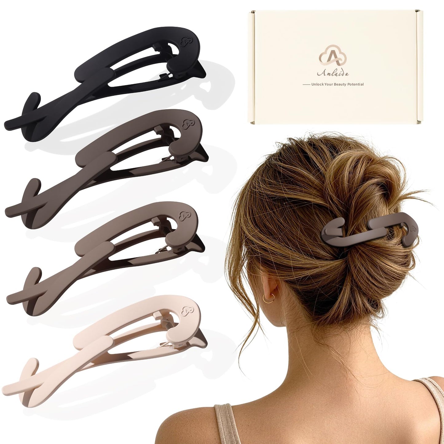 Large Twist Flat Hair Clips for Medium Thick Hair, Stylish Flat Claw Clips for Women, French Hairclips for Long Straight Curly Hair - White, Pink, Purple, Green, 4pcs WN420