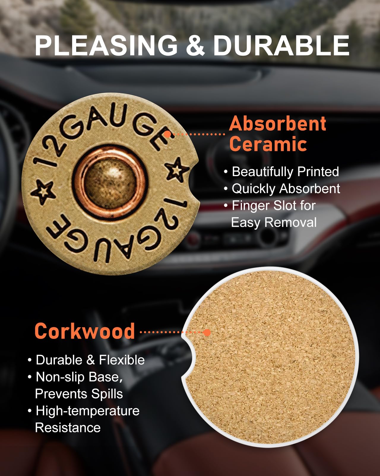 Swooflia Car Coasters for Men - Touch Down Ceramic Car Cupholder Coaster Cool Absorbent Mat Coaster with Cork Base 2 Pack Automotive Cup Holder Accessories New Driver Gifts WN420
