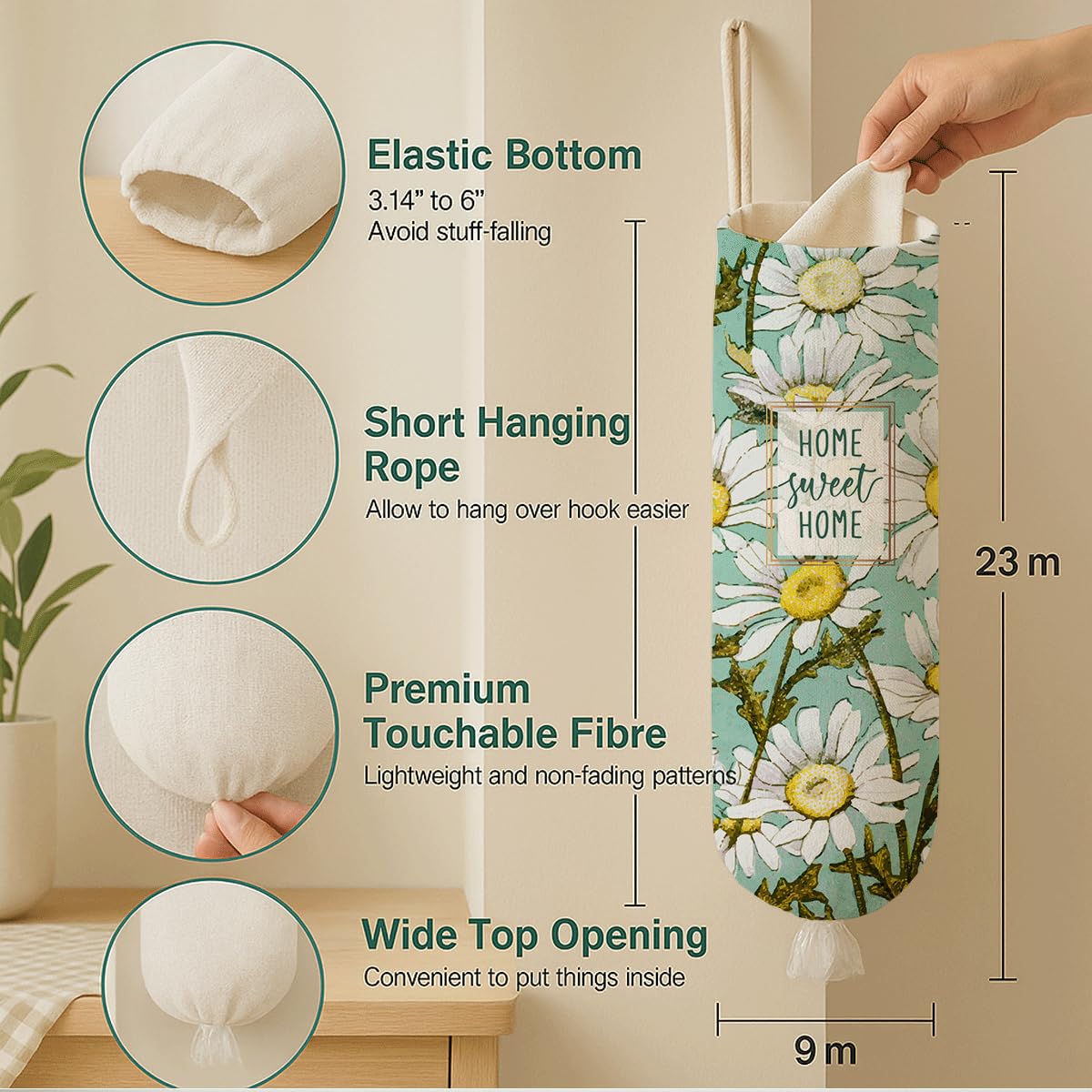 Daisy Plastic Bag Holder, Home Sweet Home Plastic Bag Holder, Bags Holders for Plastics Bags Groceries Store, Floral Reusable Grocery Sack Storage Dispenser for Kitchen Decor BST202