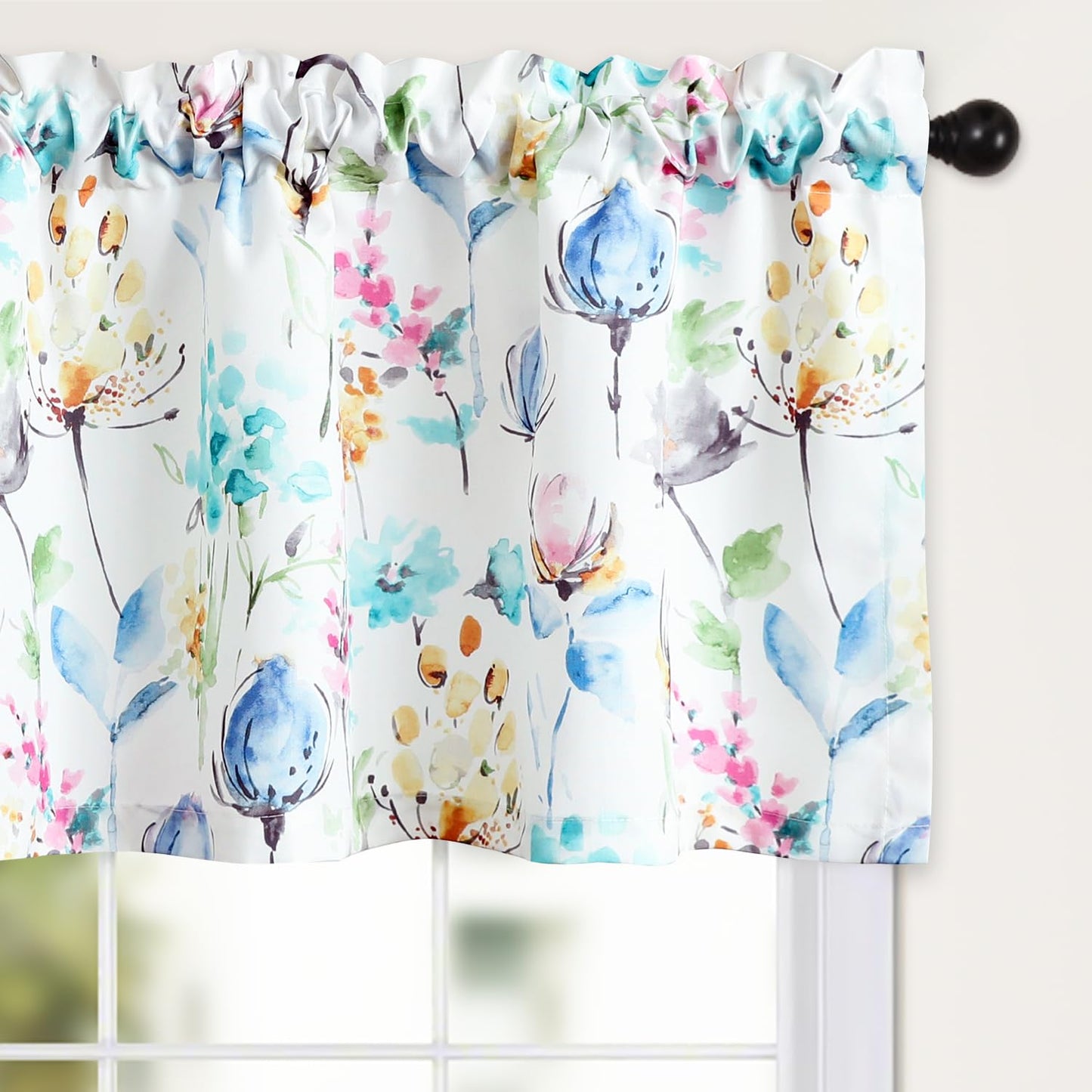Leeva Farmhouse Kitchen Valances for Windows, Watercolor Blossoming Floral Print Curtains, Soft Faux Linen Curtain Toppers and Valances for Bedroom, 60 x 14 Inch, Brown & Grey, 1 Panel BST220