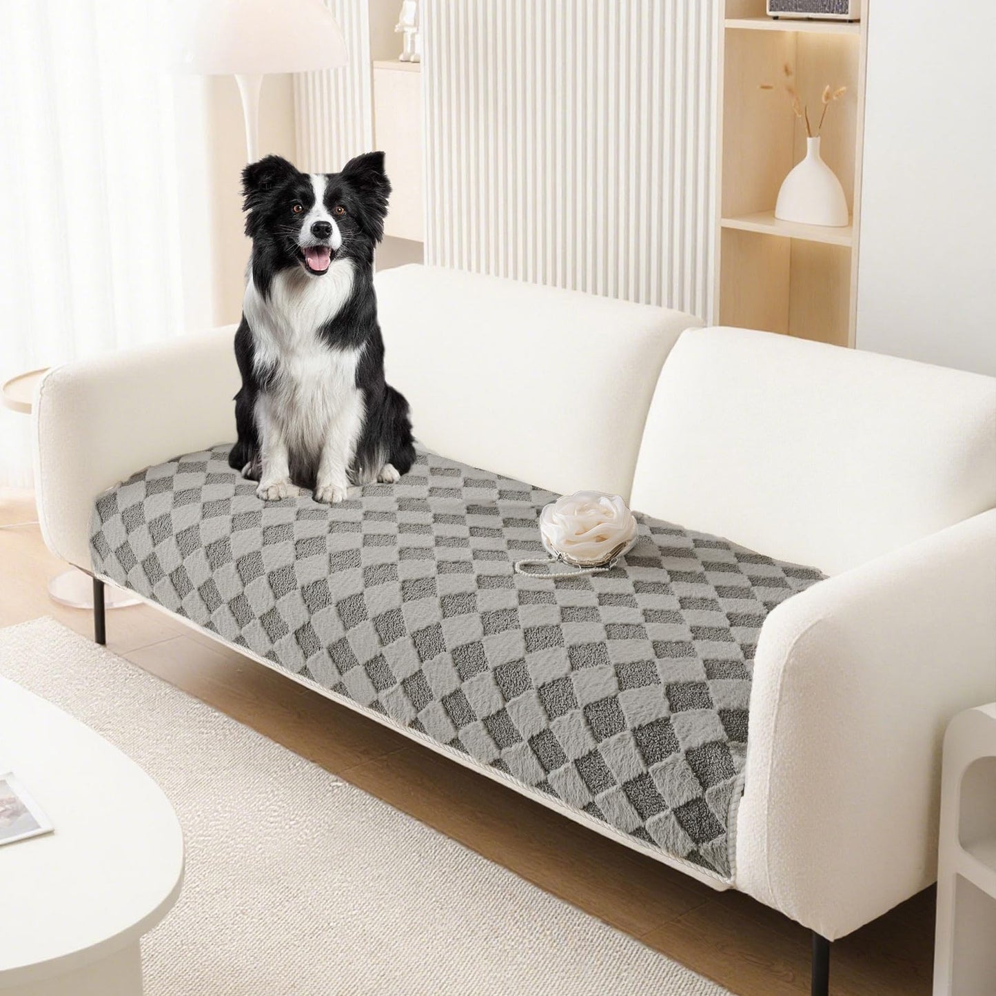 HANDONTIME Fuzzy Dog Couch Cover Washable, Pet-Friendly Sofa Covers Non-Slip Geometric Jacquard Pet Protector Furniture Cover for 3 Cushion Sofa Cozy Fuzzy Dog Mat for Couch (Grey, 35.4" x 70.9") BST202
